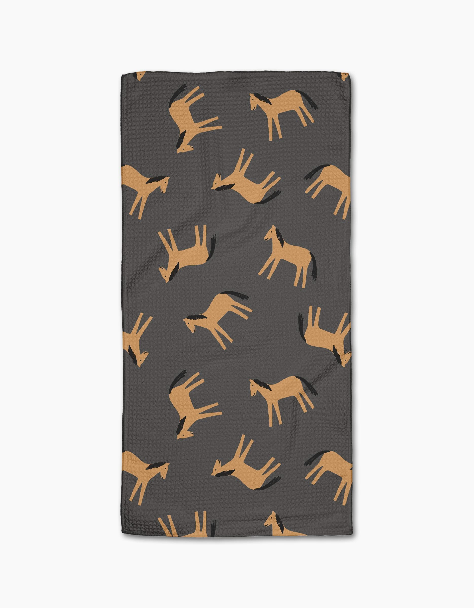 The Horses bar towel by Coit Creative features a dark gray rectangular design with a repeating pattern of stylized tan horses in various poses, made from eco-friendly Geoweave fabric using recycled materials.