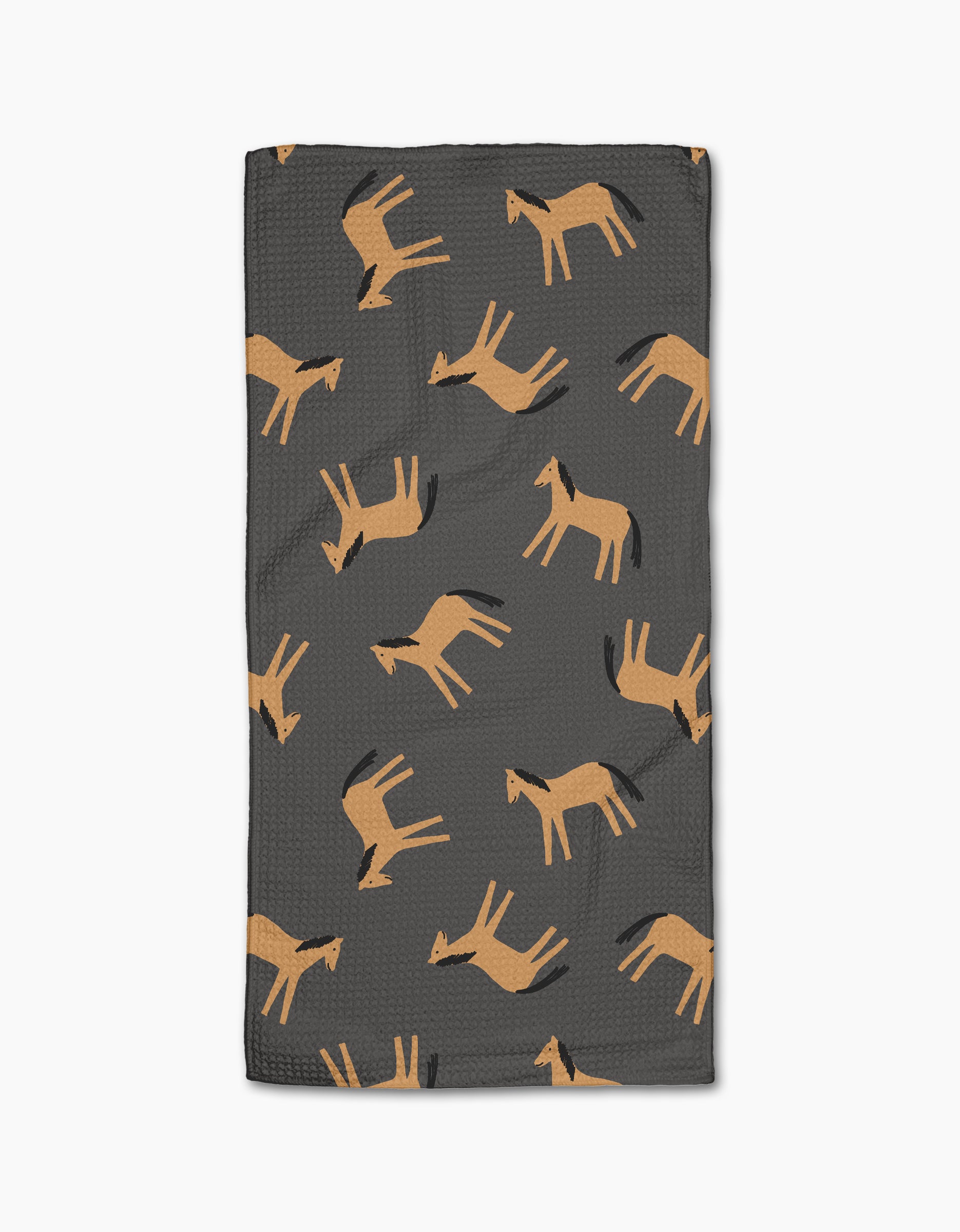 The Horses bar towel by Coit Creative features a dark gray rectangular design with a repeating pattern of stylized tan horses in various poses, made from eco-friendly Geoweave fabric using recycled materials.