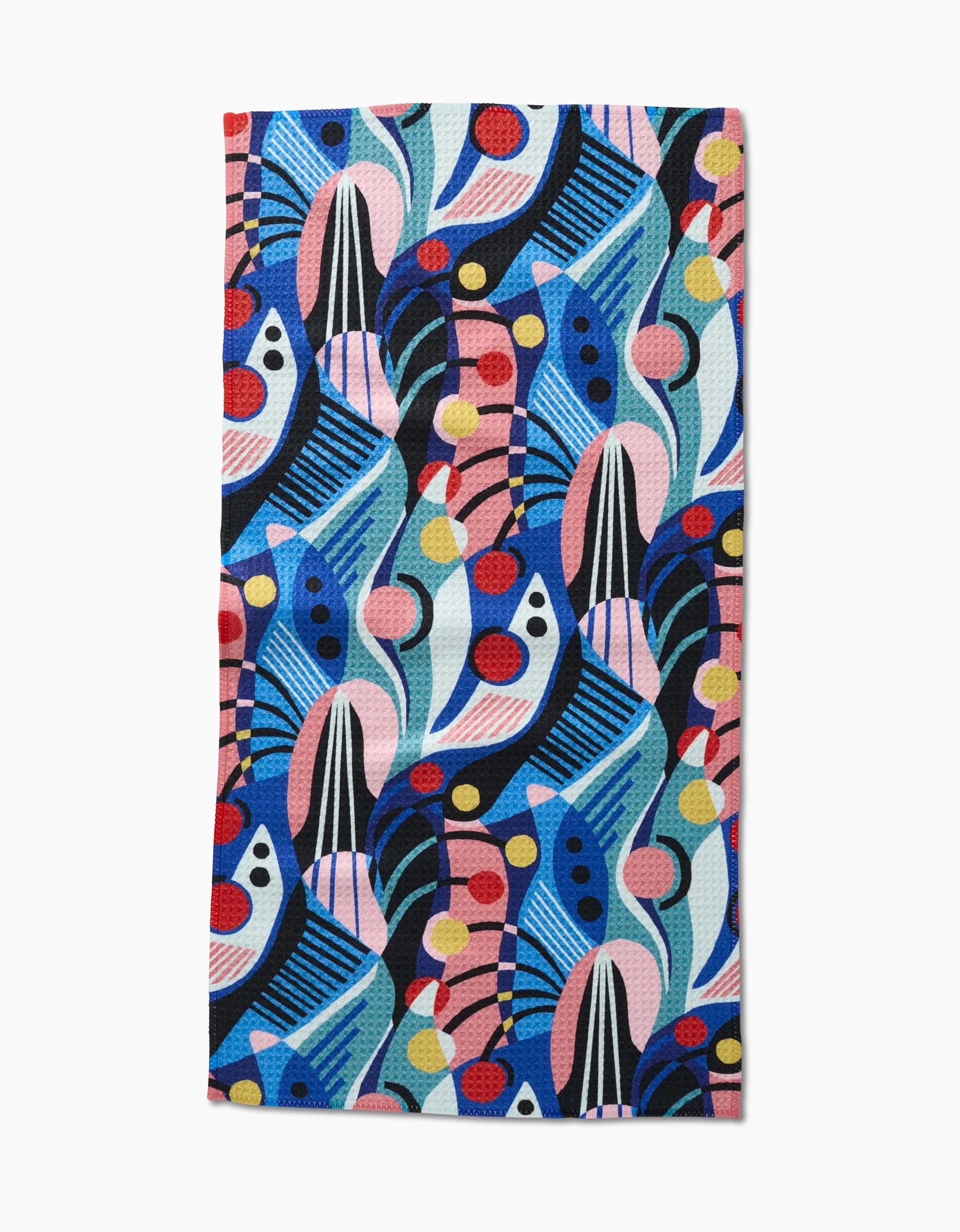 The Imagined Realm Bar Towel by Masha Volnova features a vibrant, geometric abstract pattern in blue, pink, red, yellow, and black. Bold shapes, dots, lines, and curves on ultra-absorbent Geoweave fabric create a lively look.