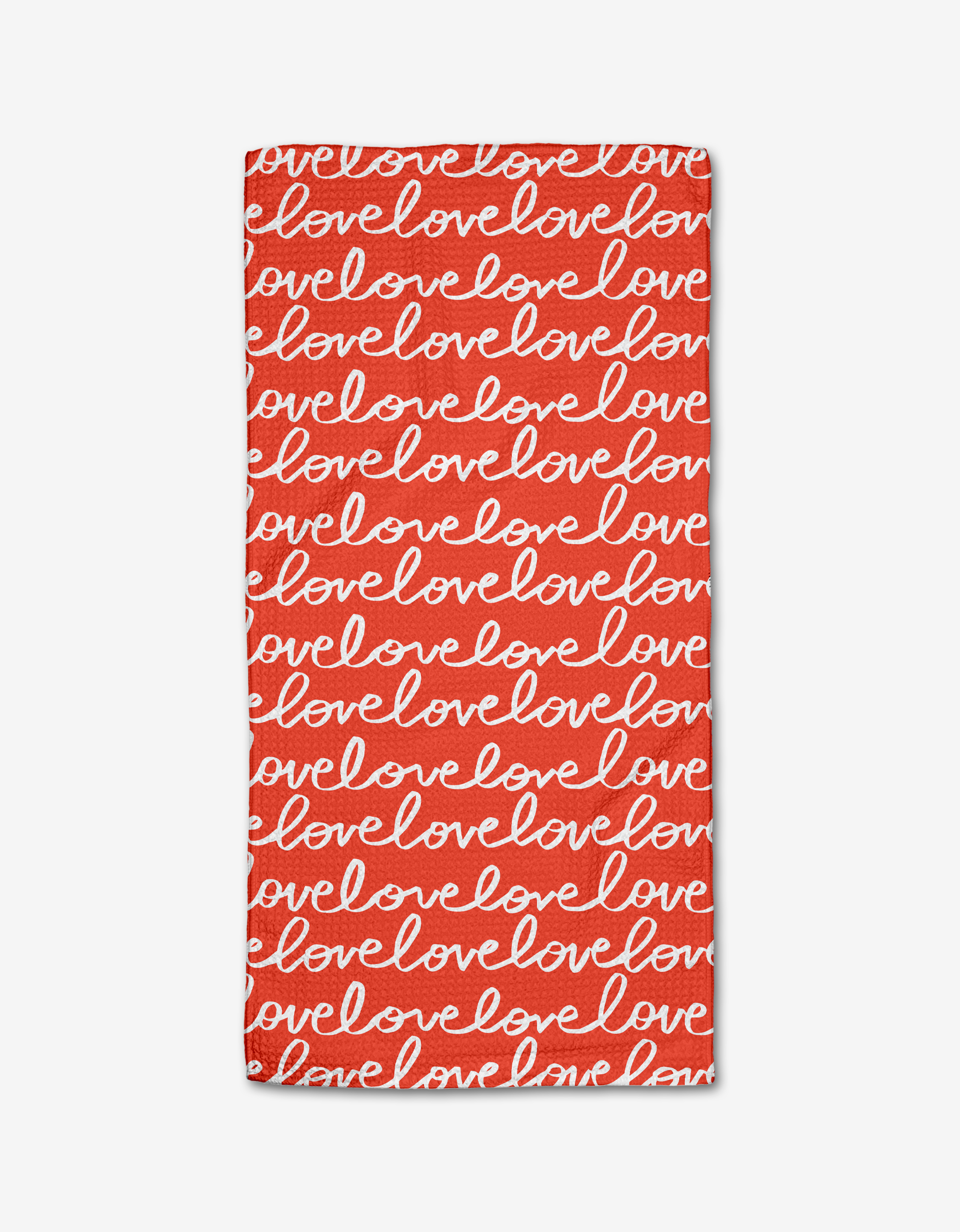 The Infinite Love Bar Towel by Kayla Ann features a bold red rectangular design with love in white cursive across Geoweave fabric, creating a cheerful and romantic pattern.