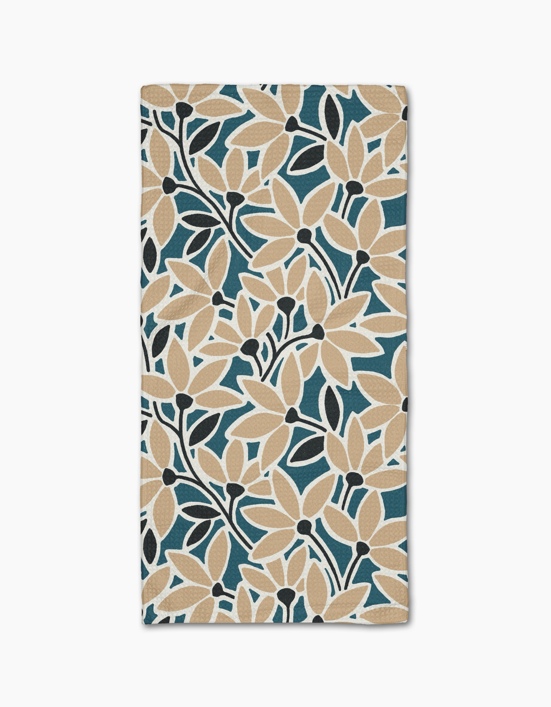 The Janine bar towel by Amy MacCready features a bold floral pattern with beige flowers, dark blue leaves, and a teal background. Made of ultra-absorbent Geoweave fabric for full-surface coverage and efficient drying.