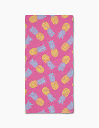 The Ashley Celena Juicy Pineapples Bar Towel features a pink design with yellow pineapples and blue-green leaves, crafted from soft Geoweave fabric for top absorbency.