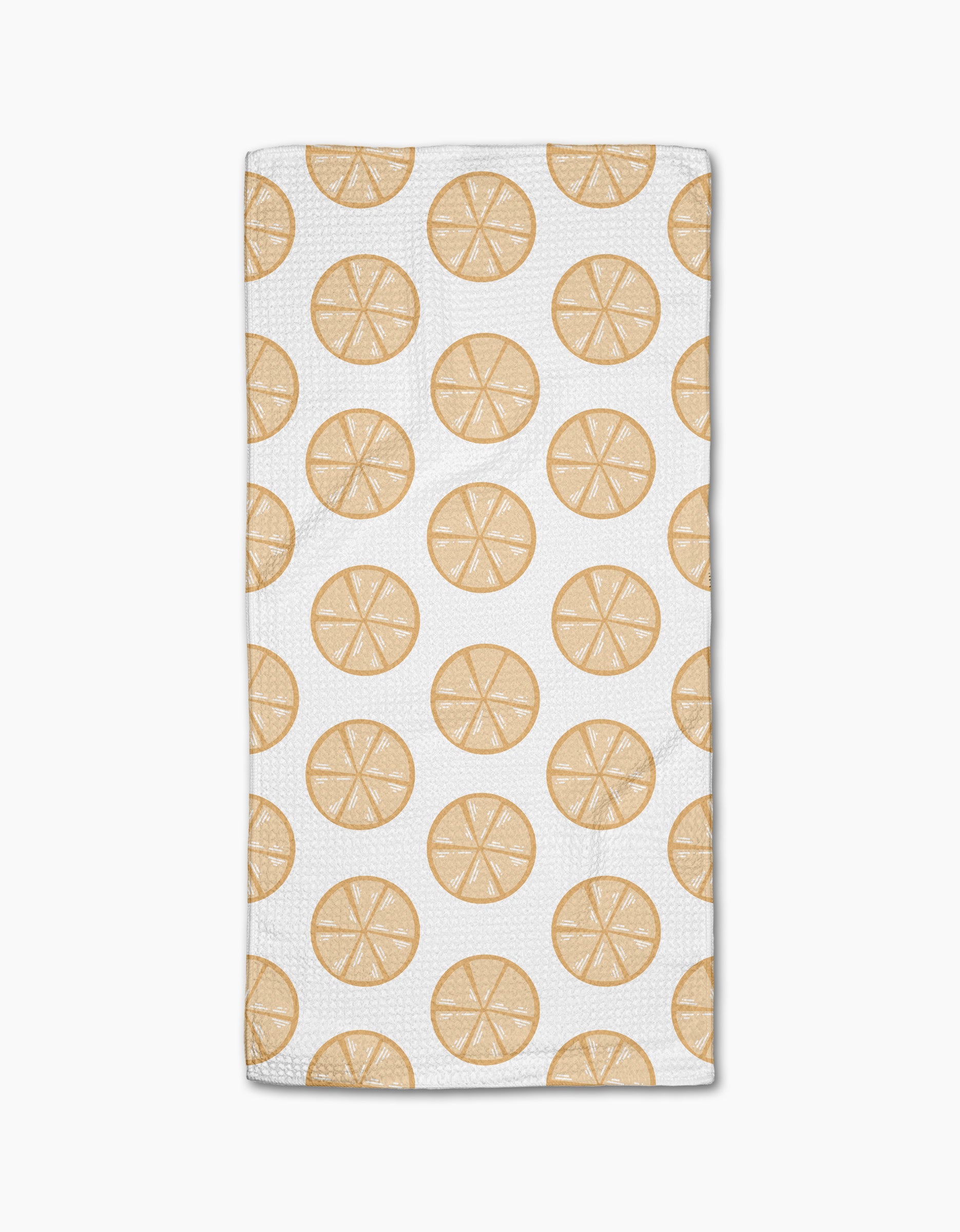 Lemon Doodles by Letters By Shells is a white rectangular, ultra-absorbent towel with a repeating pattern of lemon slice illustrations evenly spaced across the surface.