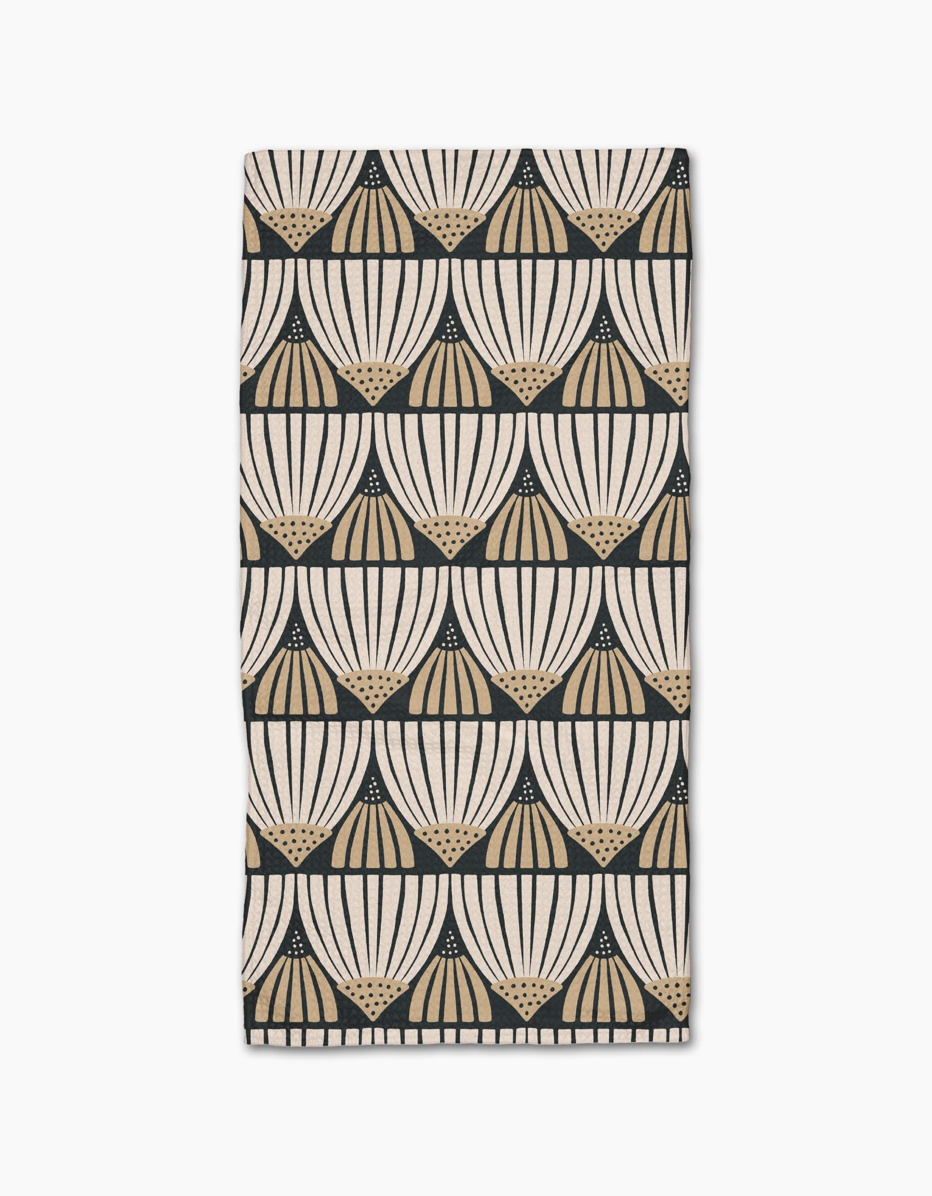The Letitia Bar Towel by Amy MacCready features a repeating beige and black fan-shaped geometric pattern on a white background, crafted from durable Geoweave fabric.