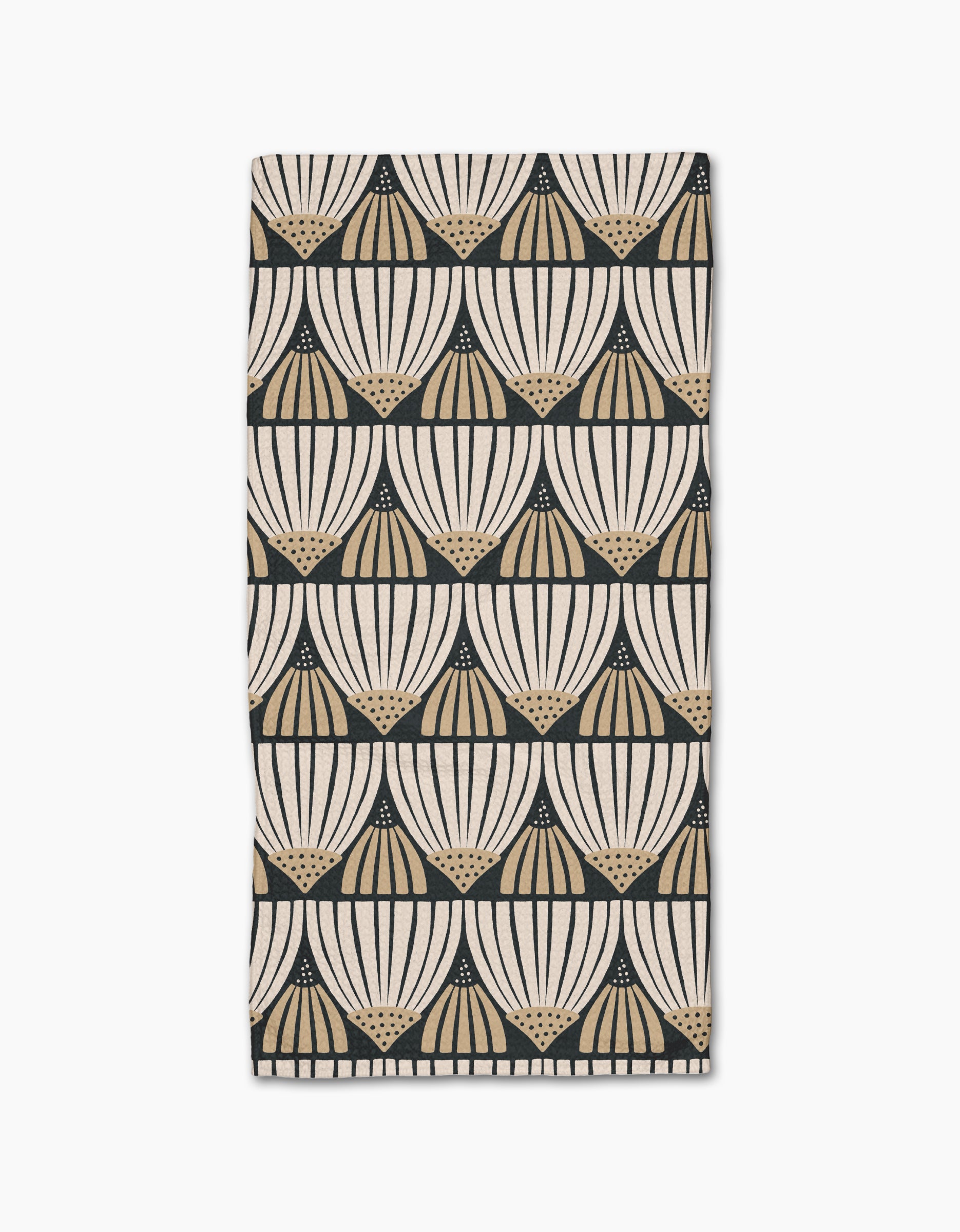 The Letitia Bar Towel by Amy MacCready features a repeating beige and black fan-shaped geometric pattern on a white background, crafted from durable Geoweave fabric.