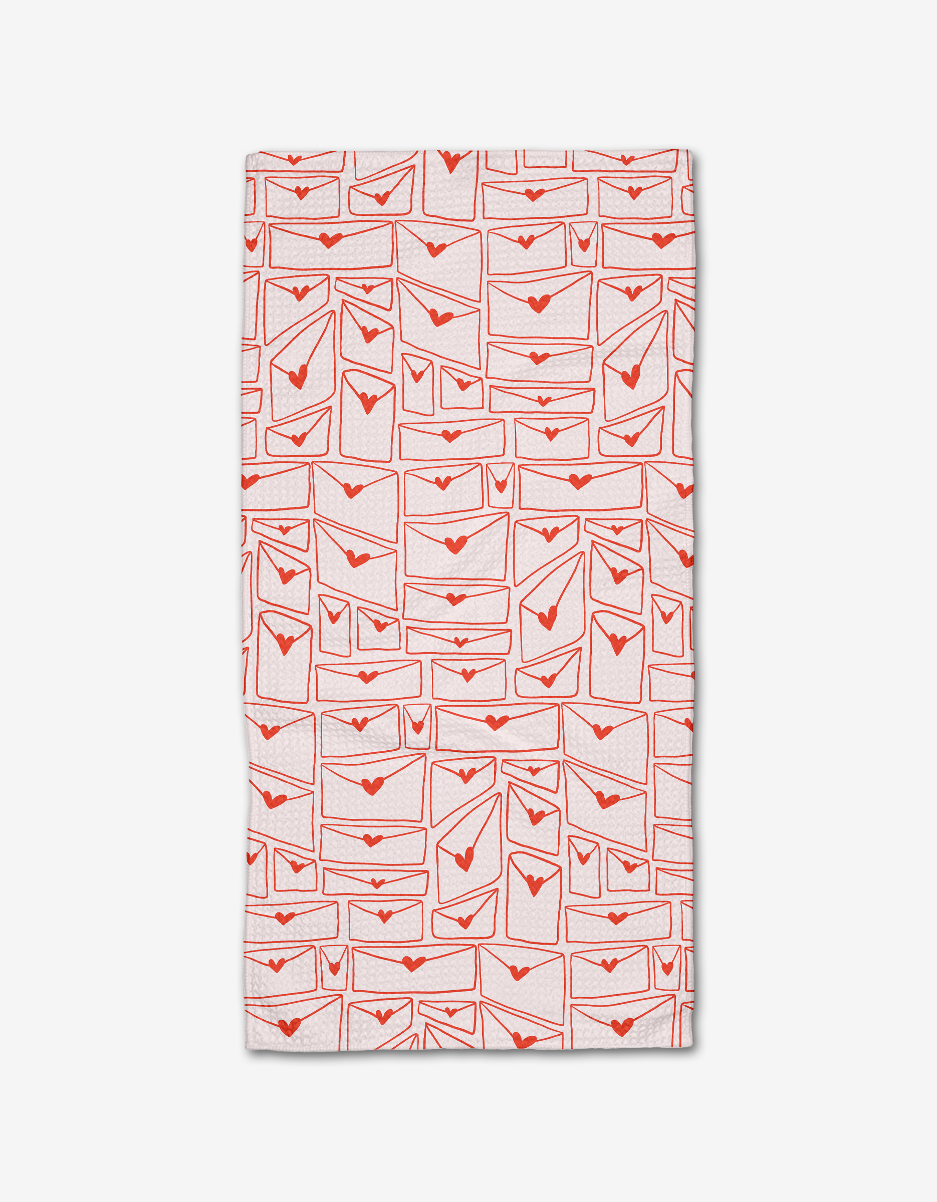 The Letters of Love bar towel by Kayla Ann features a rectangular white design with red envelopes sealed with hearts, covering the surface. Made from Geoweave fabric, its both stylish and practical for daily use.