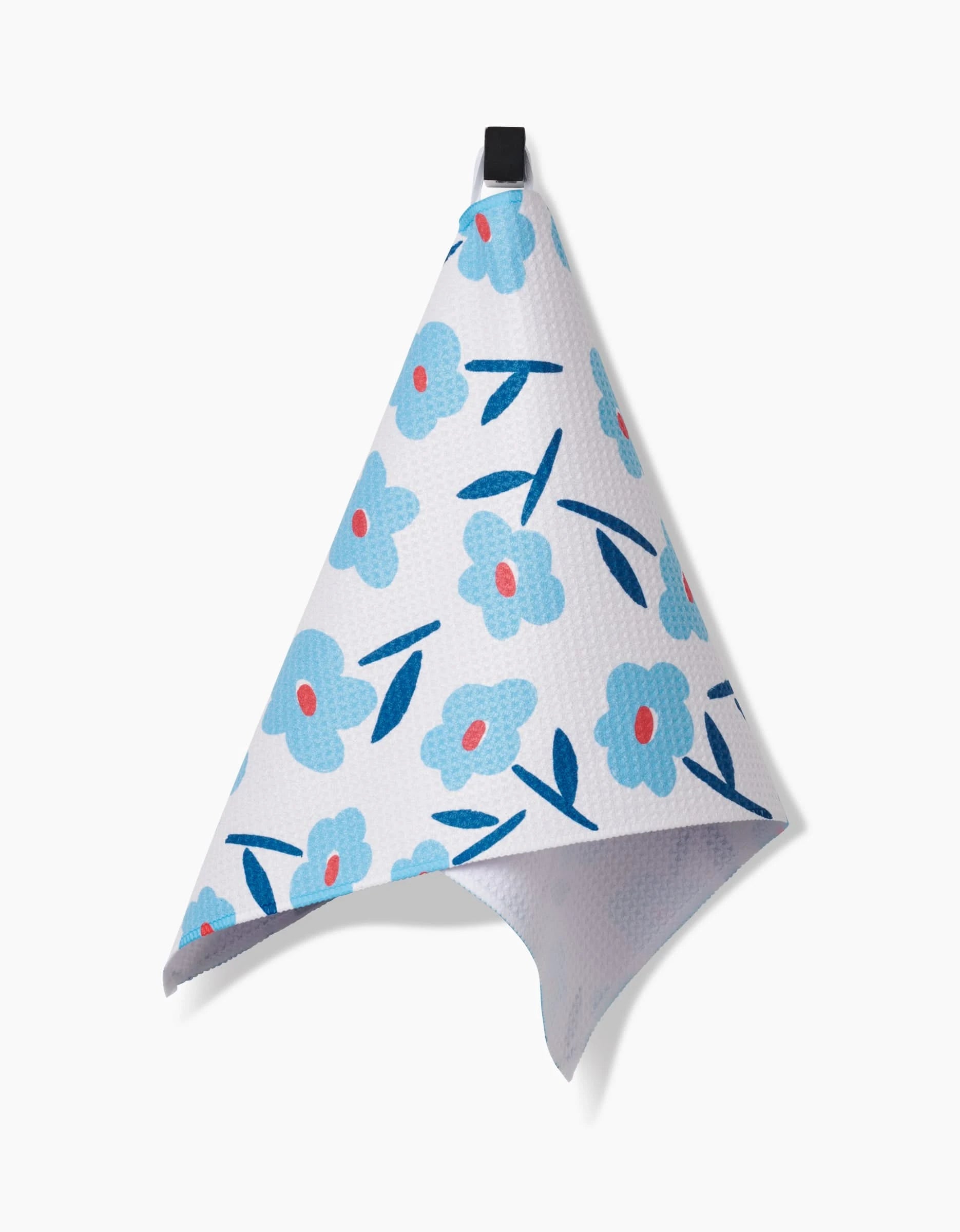 The Luca Daisy Bar Towel by Hufton Studio features blue flowers with pink centers and blue leaves on white Geoweave fabric, shown against a white background.