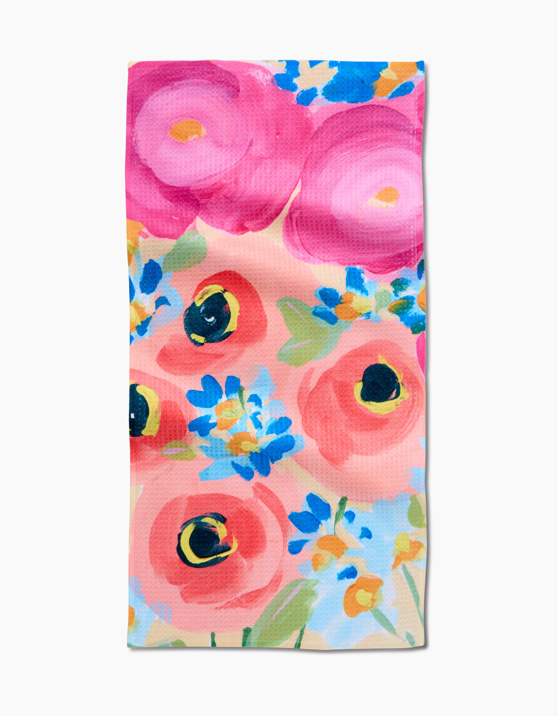 The Margot bar towel by Ania Zwara Art is made with Geoweave fabric and features a vibrant, hand-painted floral design with large pink and coral flowers, blue accents, and green leaves on a light background.