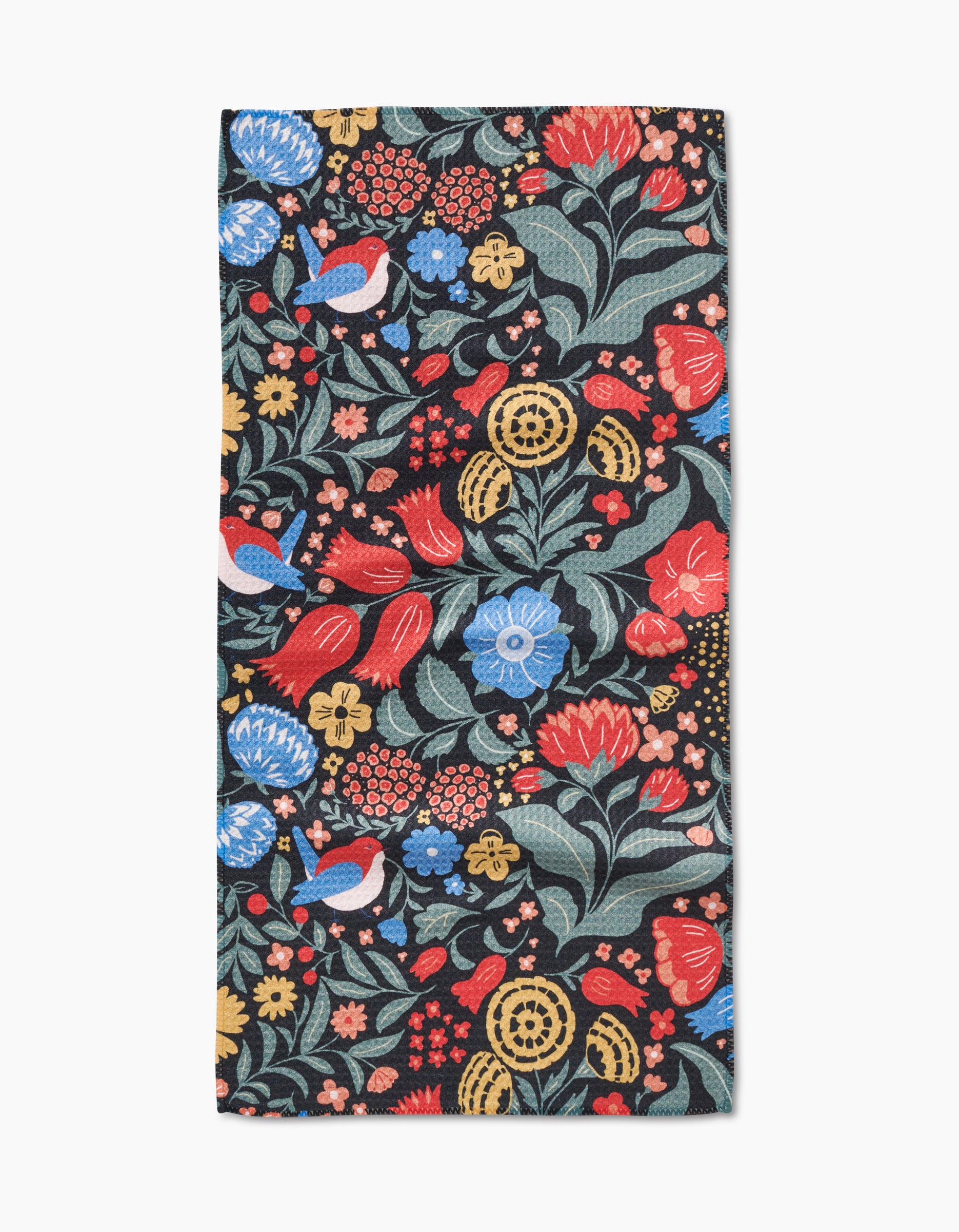 The Marsh Wren Bar Towel by Danelys Sidron features a vibrant floral pattern with red, blue, yellow, and white flowers and green leaves on a dark background, crafted from ultra-absorbent Geoweave fabric.