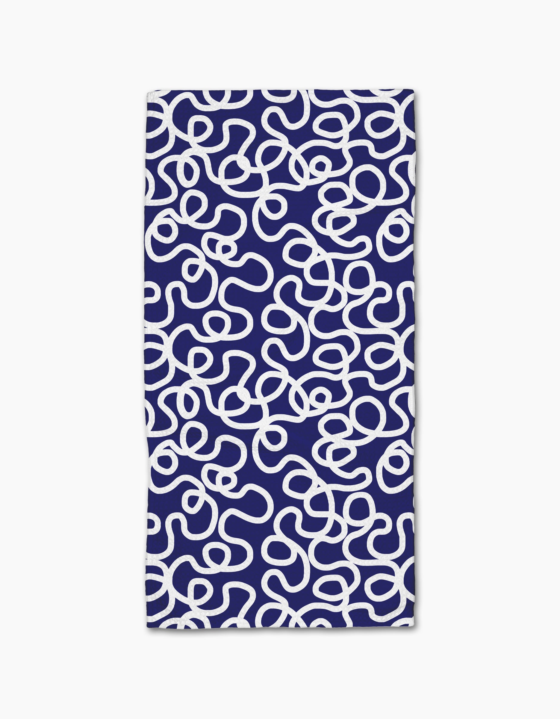 The Rachel Parker Mini Wander is a rectangular bar towel with a dark blue background and abstract white squiggle pattern, made from durable Geoweave fabric using post-consumer recycled materials.