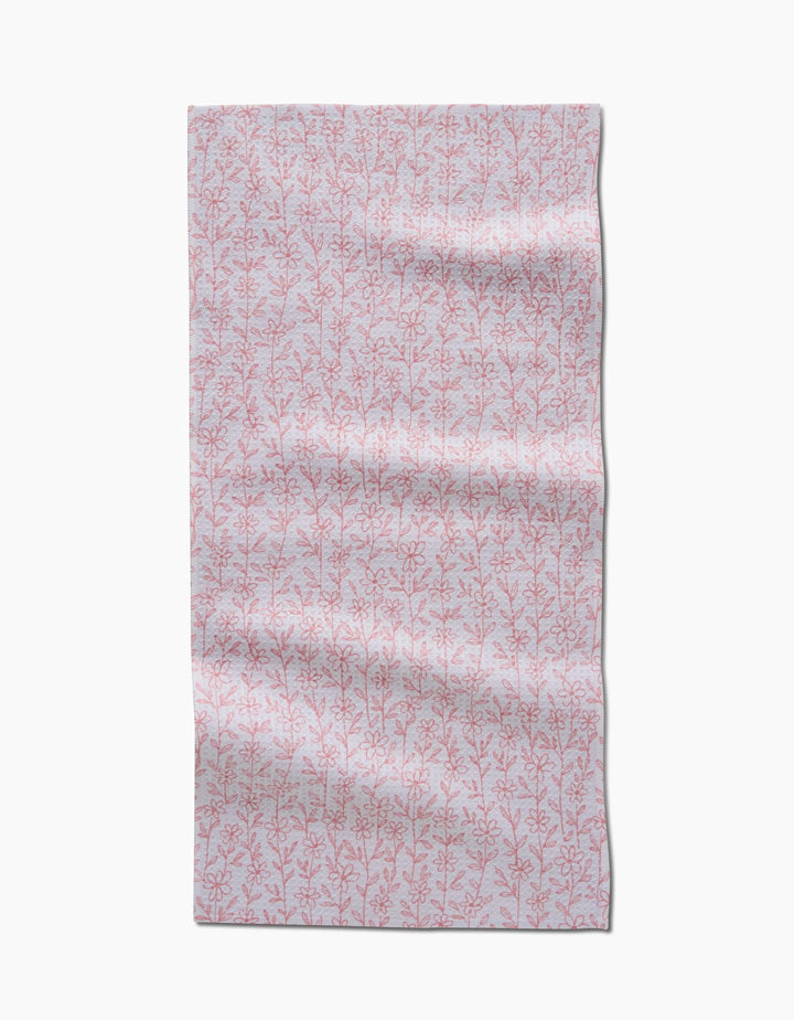 The Minimalist Blush Bar Towel by Teri the Butter features a light pink rectangle with a repeating dark pink coral-like branch pattern, made from ultra-absorbent Geoweave fabric and displayed flat with gentle wrinkles.