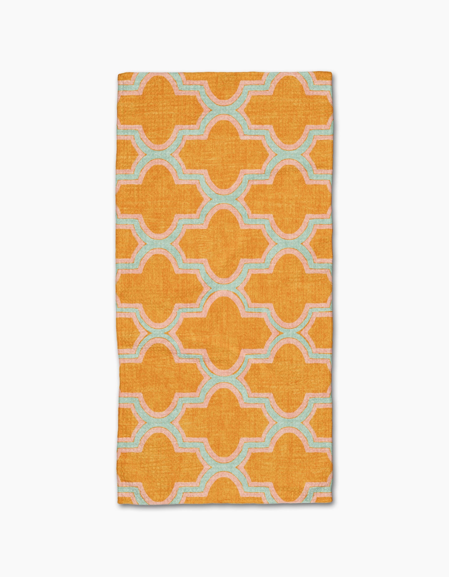 The Mustard Ogee by Pascale Dilger is a rectangular, ultra-absorbent towel featuring a bold orange geometric pattern with interconnected shapes outlined in light blue and white on a plain white background.