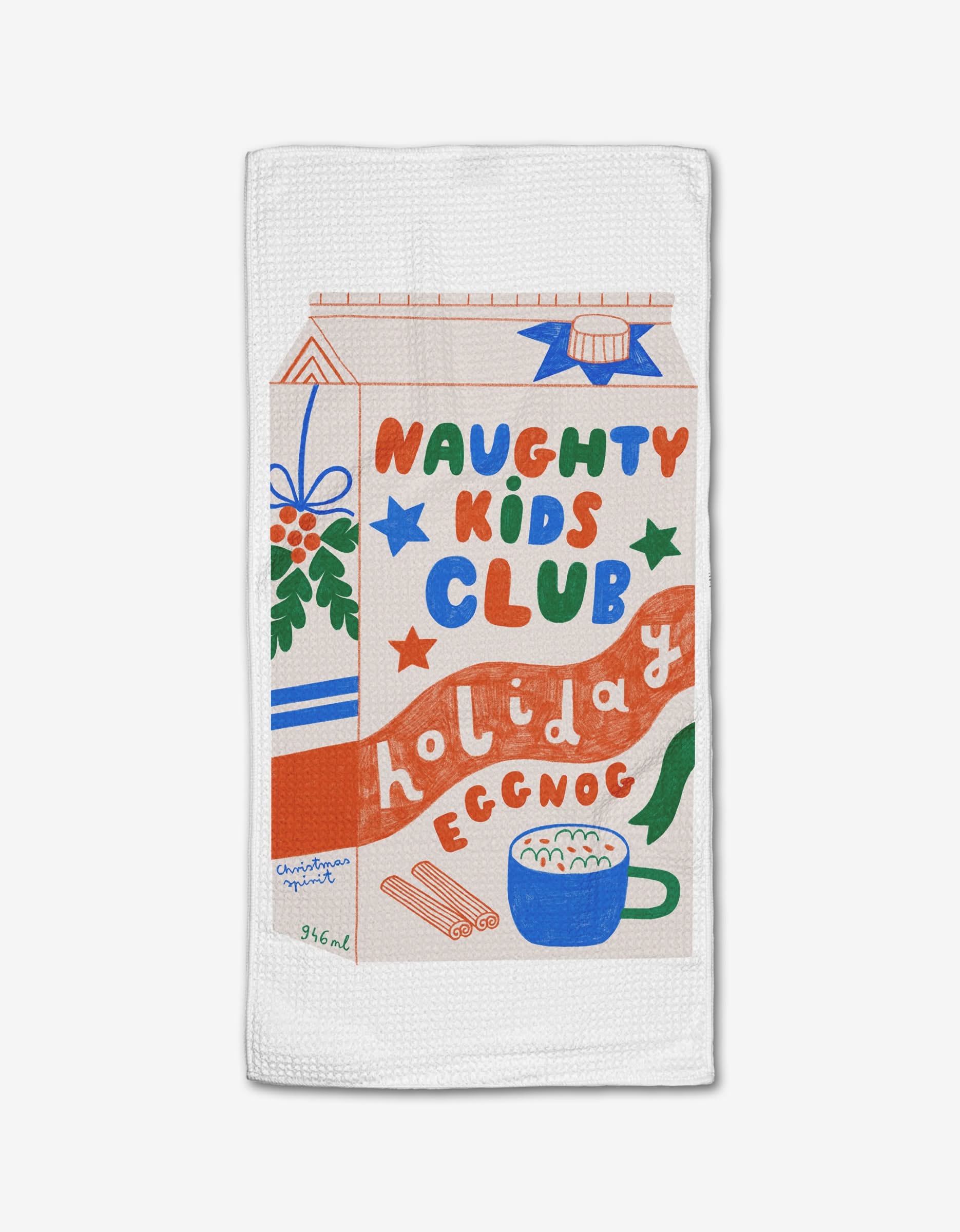 Add holiday cheer to your bar with the Naughty Club towel by Daria Solak, featuring festive eggnog art and seasonal accents in bright hues—all printed on ultra-absorbent Geoweave fabric.