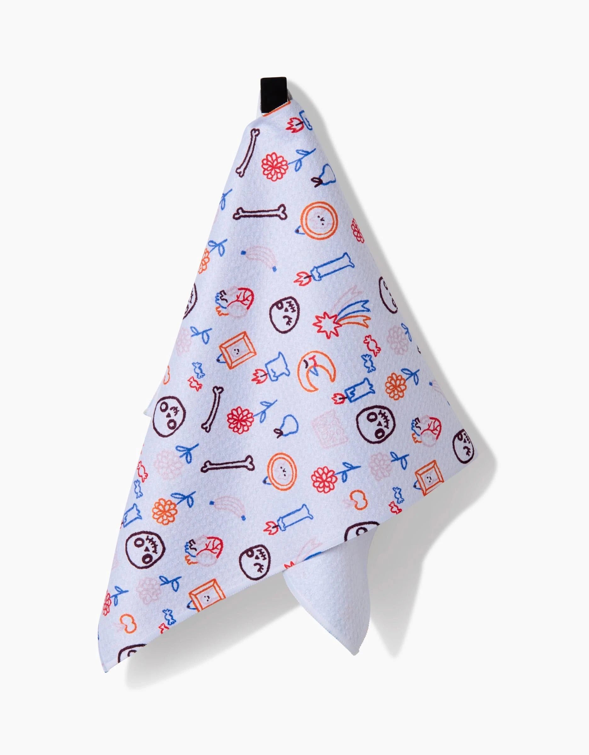The Offerings Bar Towel by So Lazo features playful red, blue, orange, and brown illustrations on white Geoweave fabric, with a black hanging loop for convenience.