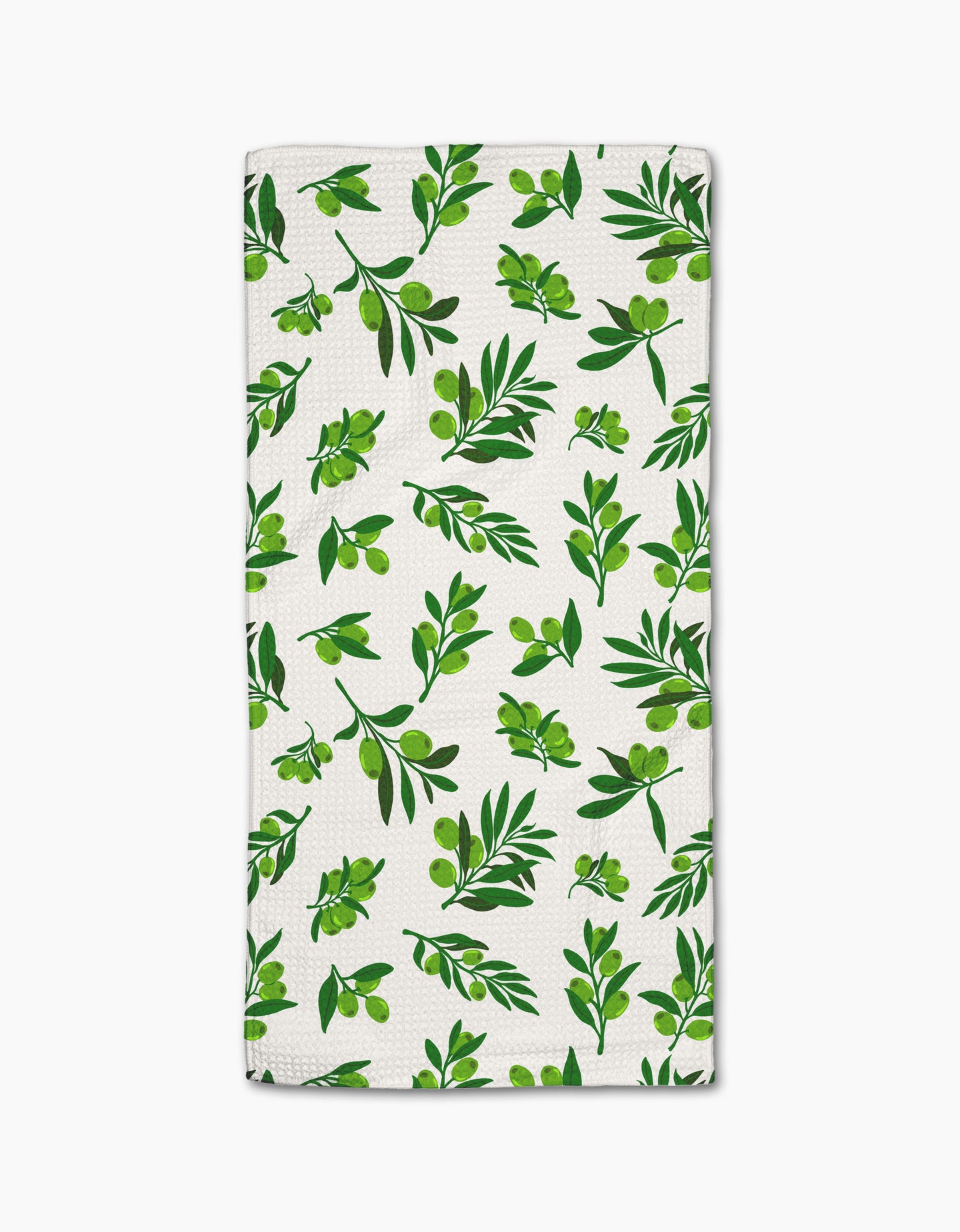 The Olive Grove towel by Geometry features ultra-absorbent white fabric with a stylish repeating green olive branch pattern—perfect as a chic bar towel for your kitchen.