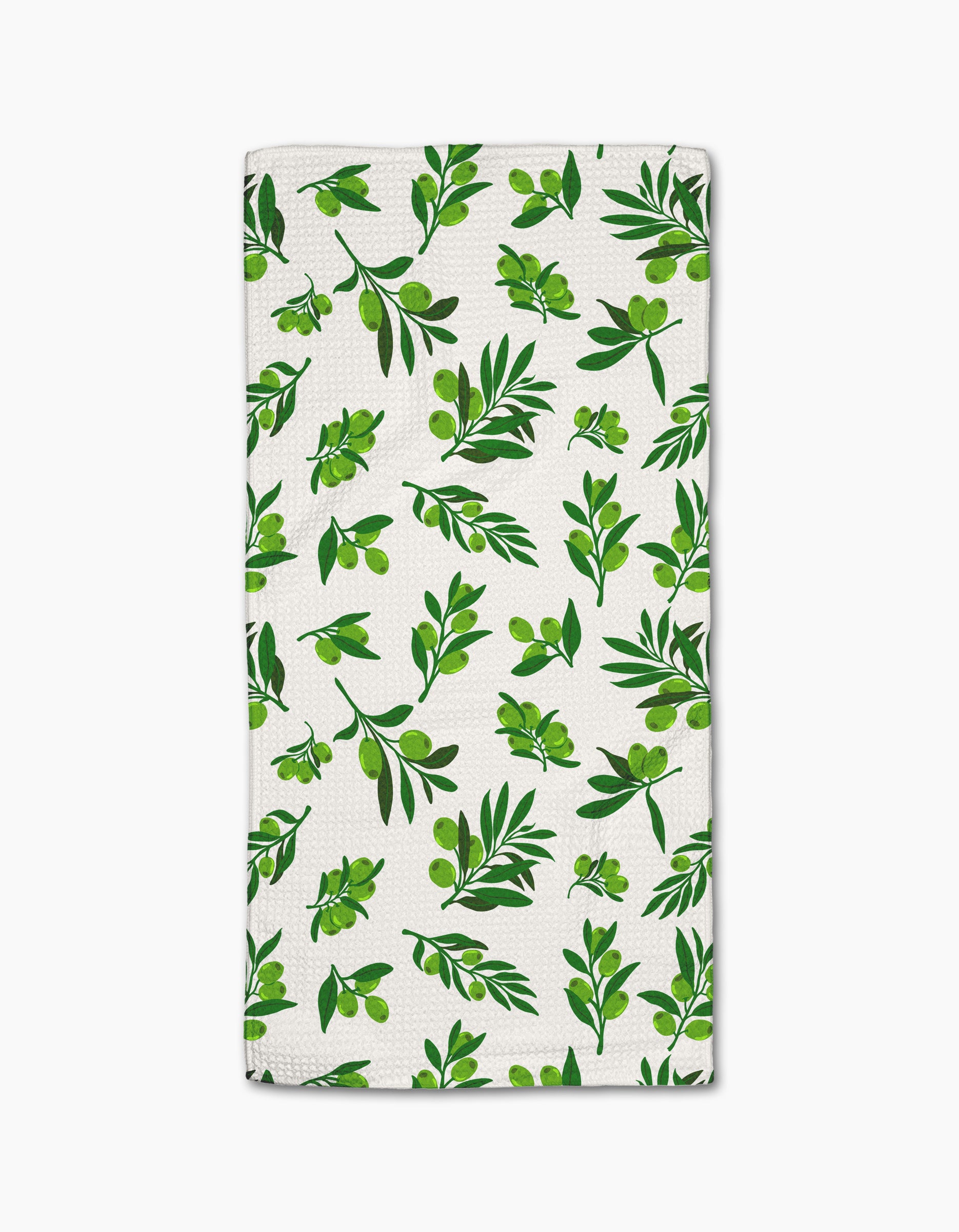 The Olive Grove towel by Geometry features ultra-absorbent white fabric with a stylish repeating green olive branch pattern—perfect as a chic bar towel for your kitchen.