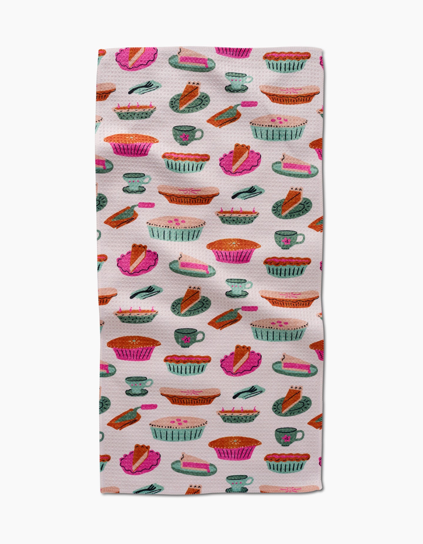 The Amy MacCready Orla Bar Towel showcases colorful illustrated pies, slices, and baking dishes in pink, orange, green, and blue on white Geoweave fabric for absorbency.