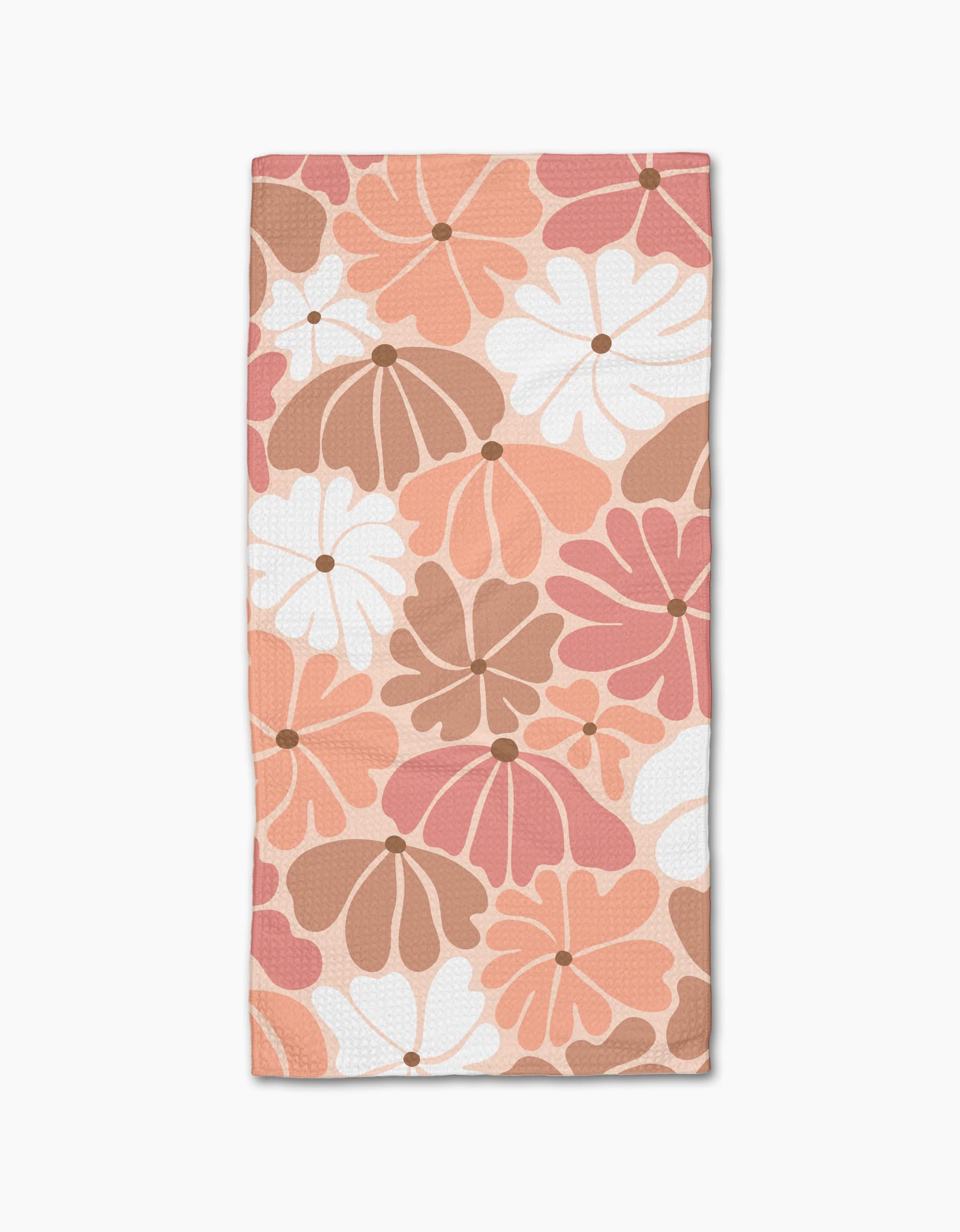 The Peach Flower Fields bar towel by Rachel Parker features large stylized peach, pink, white, and brown flowers on a white background. Made from eco-friendly Geoweave fabric and shown flat against a white surface.