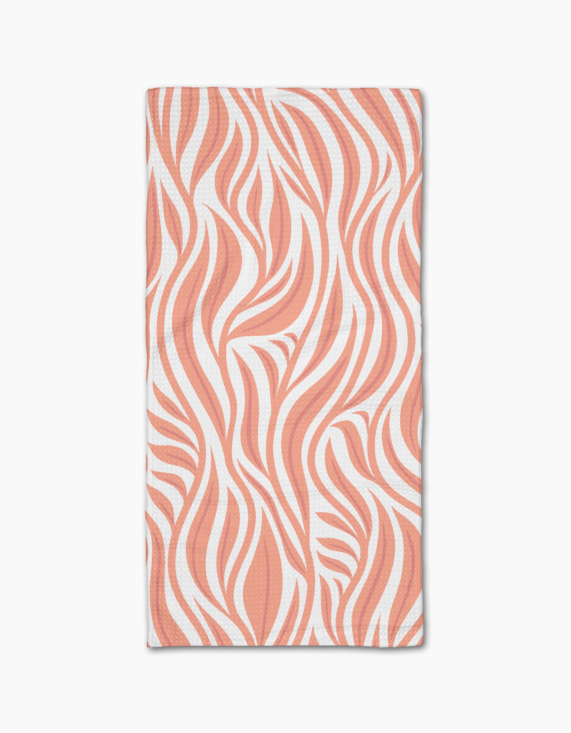 The Rachel Parker Peach Willow Wave bar towel features a wavy, abstract peach and white pattern on Geoweave fabric made from recycled materials. The background is plain white.