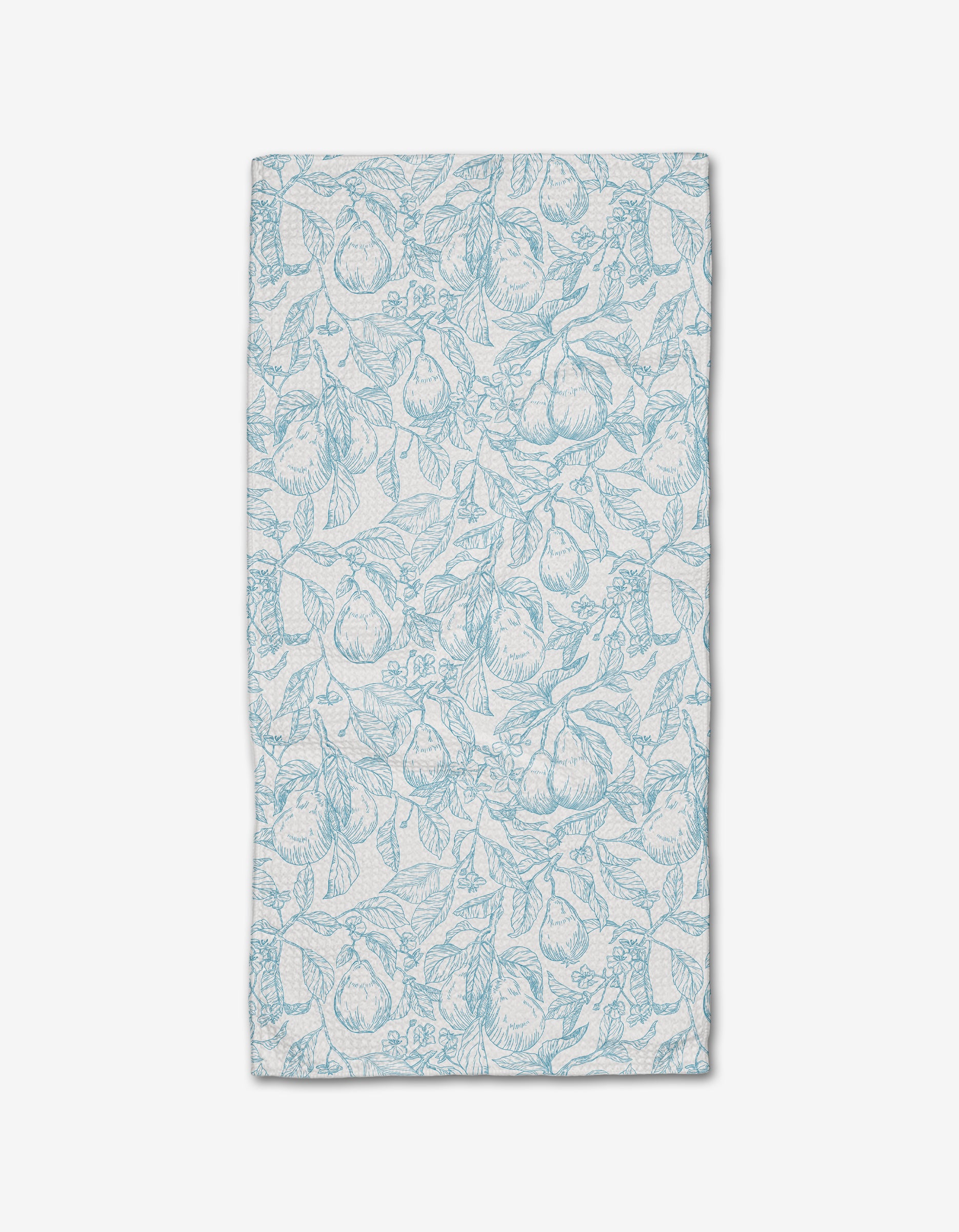The Pears Please kitchen towel by Aubrey Fairchild features a detailed light blue line drawing of pears on white Geoweave fabric—ultra-absorbent and perfect as a stylish bar towel.