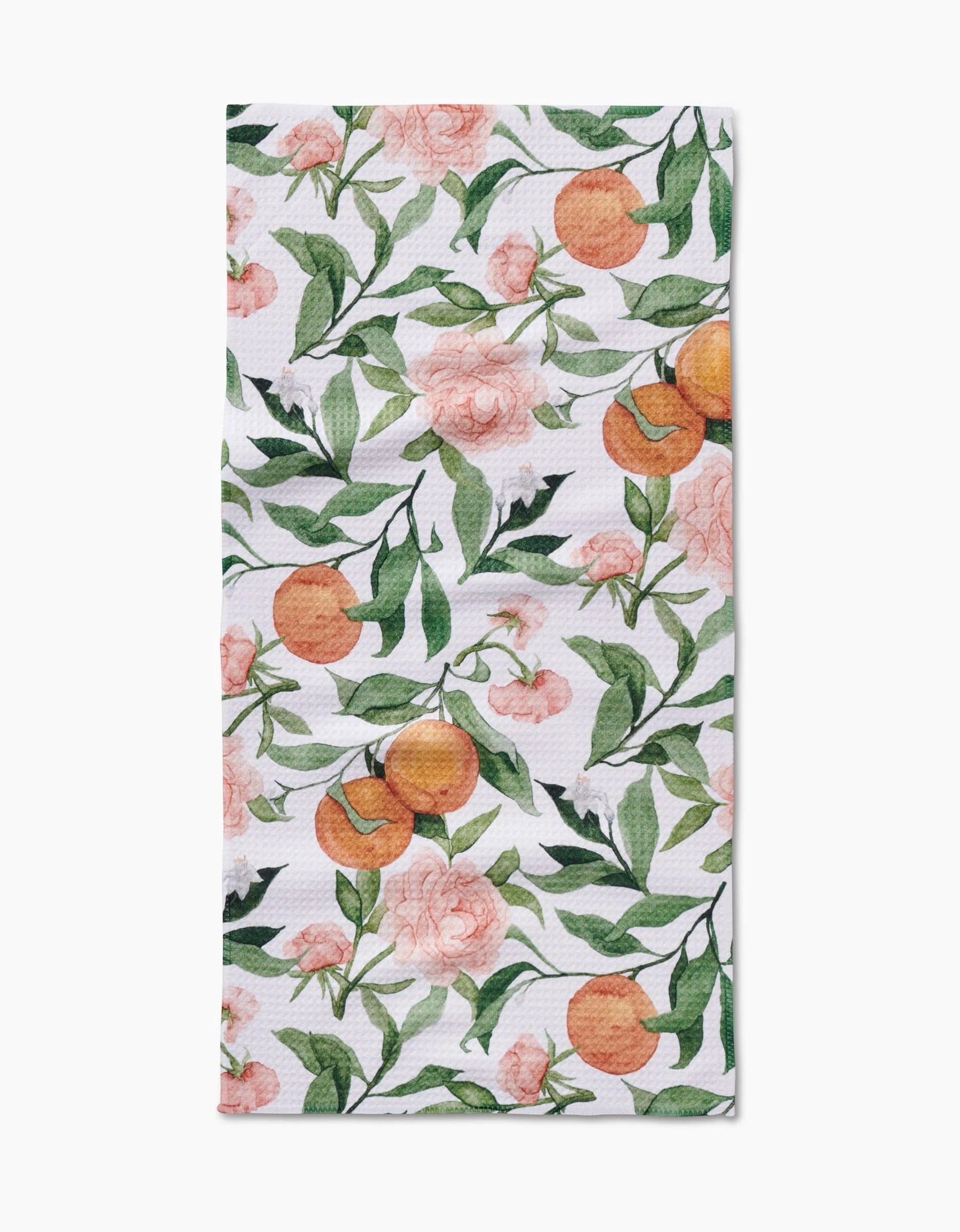 The Peony For Your Thoughts Bar Towel by Aubrey Fairchild showcases oranges, green leaves, and pink flowers on white, made from ultra-absorbent Geoweave fabric.