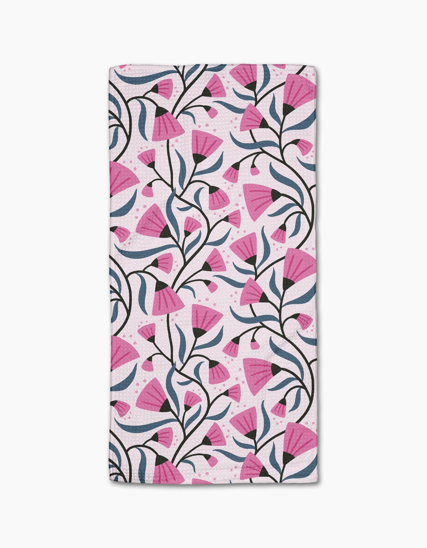 The Petal Symphony Bar Towel by Anette Heiberg features a repeating pink flower pattern with dark green stems on white, crafted from Geoweave fabric for superior absorbency.