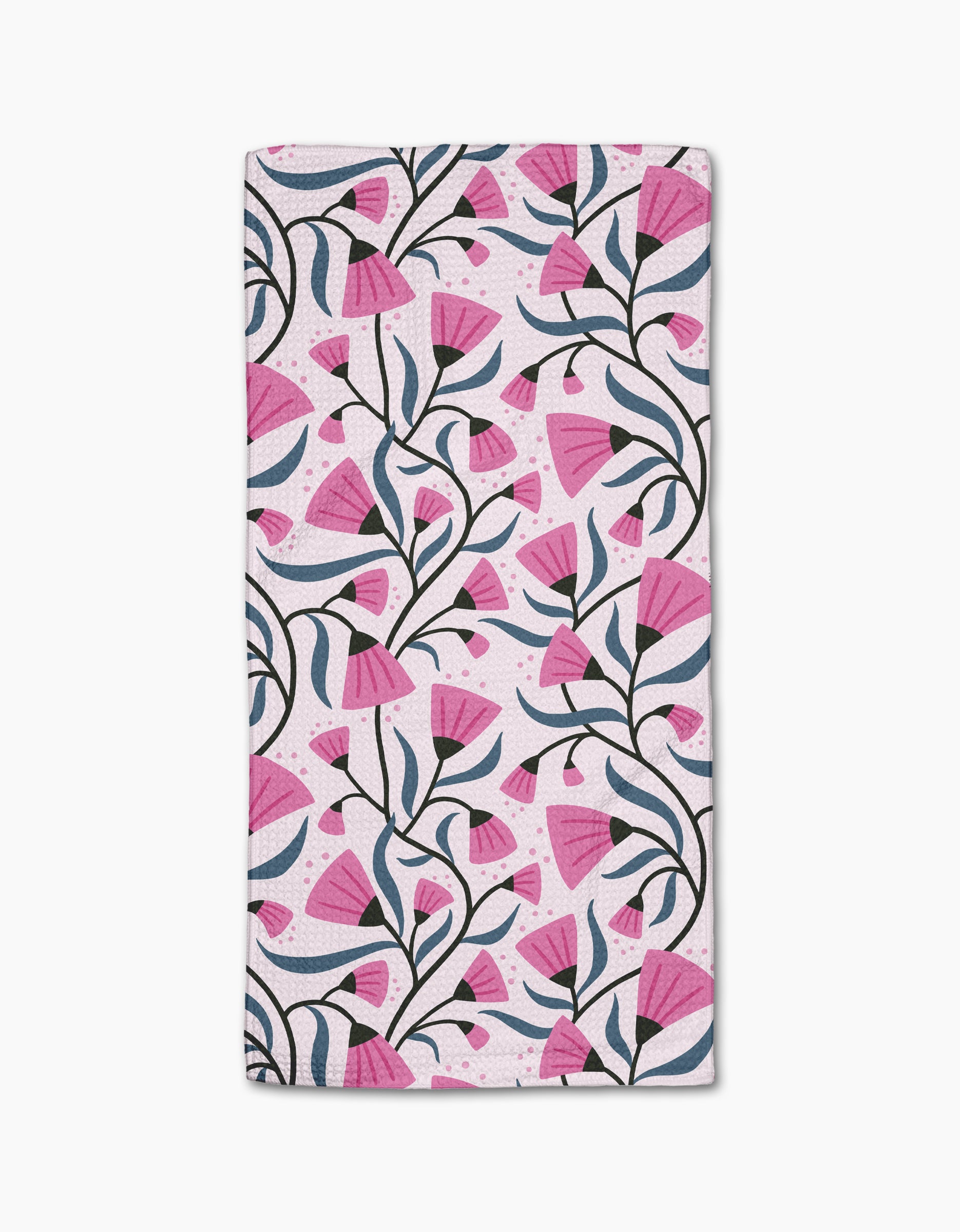 The Petal Symphony Bar Towel by Anette Heiberg features a repeating pink flower pattern with dark green stems on white, crafted from Geoweave fabric for superior absorbency.