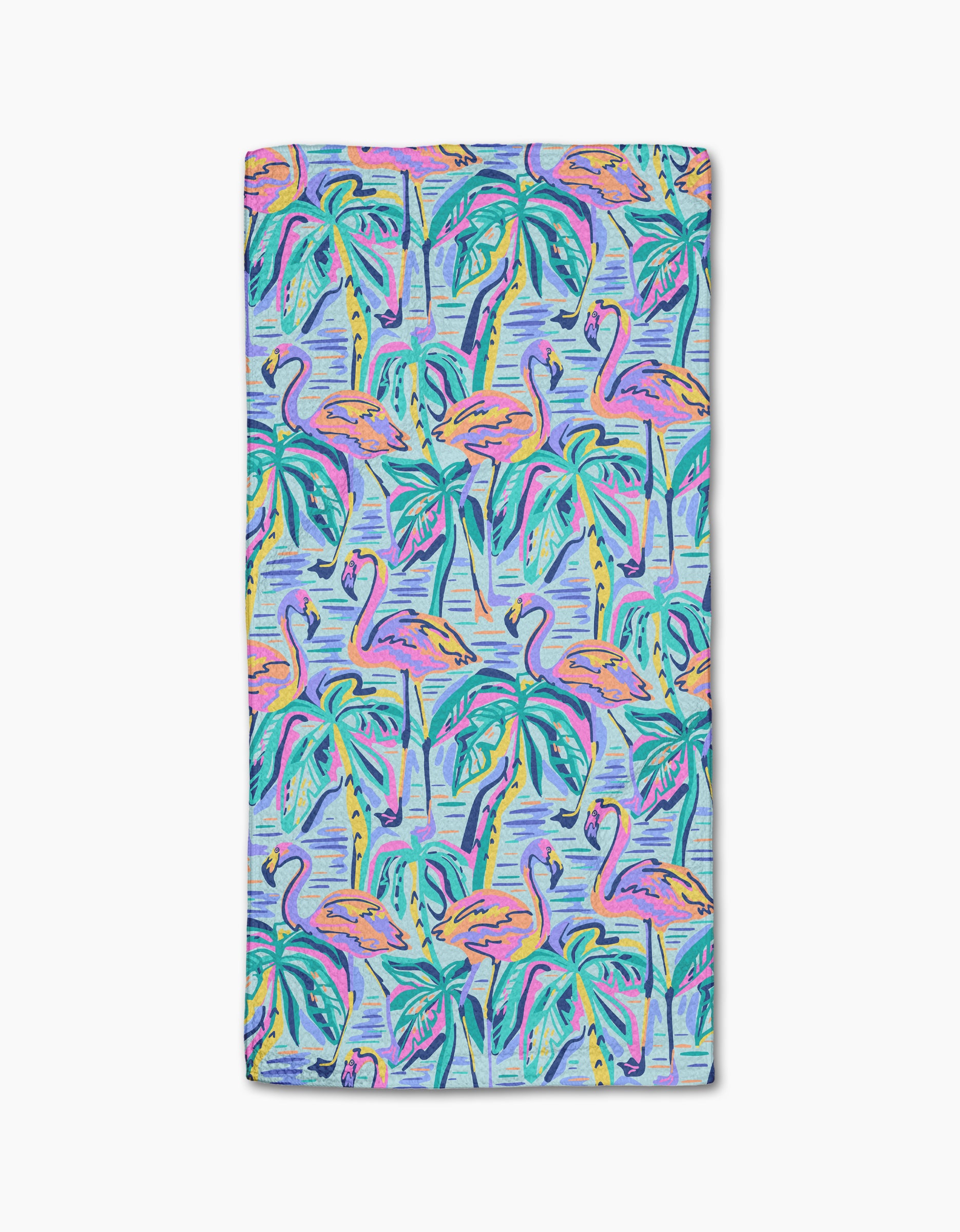 The Pink Flamingo beach towel by Masha Volnova is made from recycled materials and features a vibrant mix of pink flamingos, green palms, and pops of orange, purple, and turquoise on a light blue background.