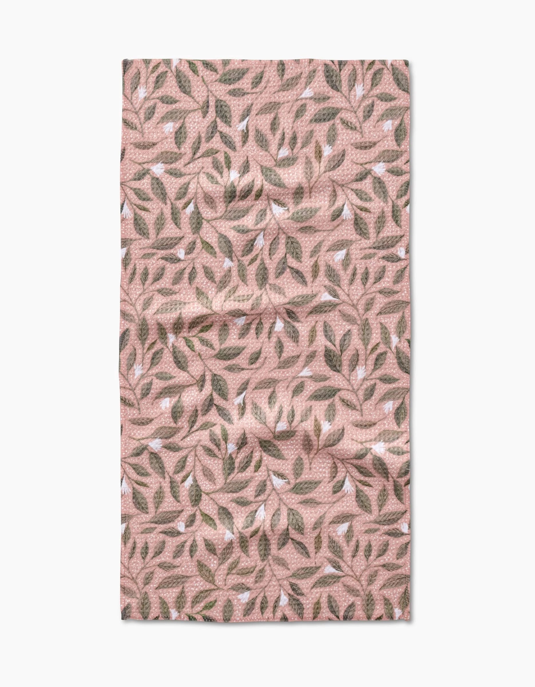 The Pink Mint Leaves bar towel by Katie OShea features a pink rectangular design with a quilted texture and an all-over pattern of green, brown, and white leaves on Geoweave fabric for a natural, organic look.
