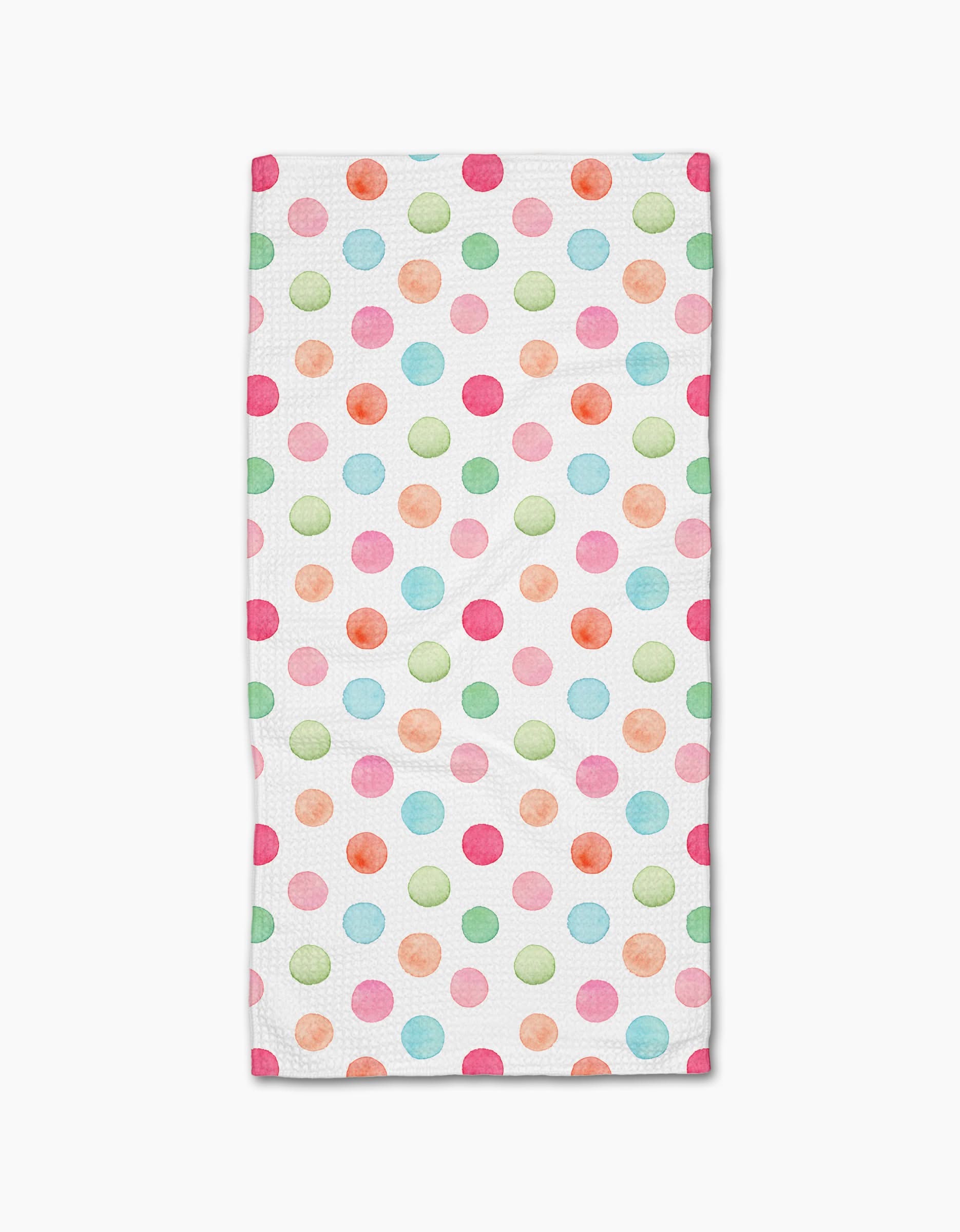 The Elena Fay Polka Dots Bar Towel features colorful pink, green, orange, and light blue polka dots on white Geoweave fabric for a soft, vibrant touch.