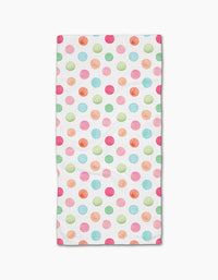 The Elena Fay Polka Dots Bar Towel features colorful pink, green, orange, and light blue polka dots on white Geoweave fabric for a soft, vibrant touch.