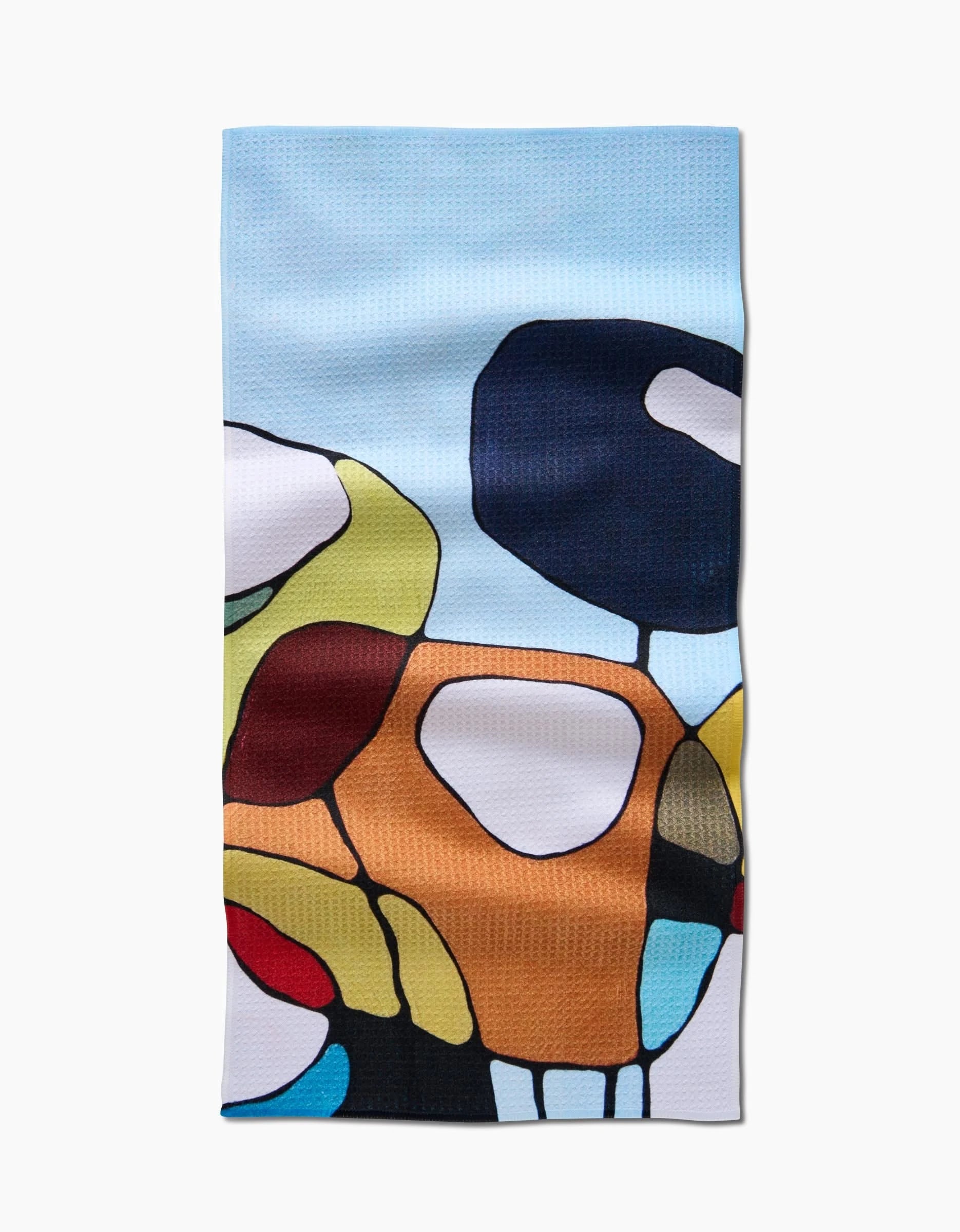Poppies on Blue by Rachel Austin is a rectangular Bar Towel made from Geoweave fabric, featuring an abstract pattern of bold, colorful shapes against a light blue background.