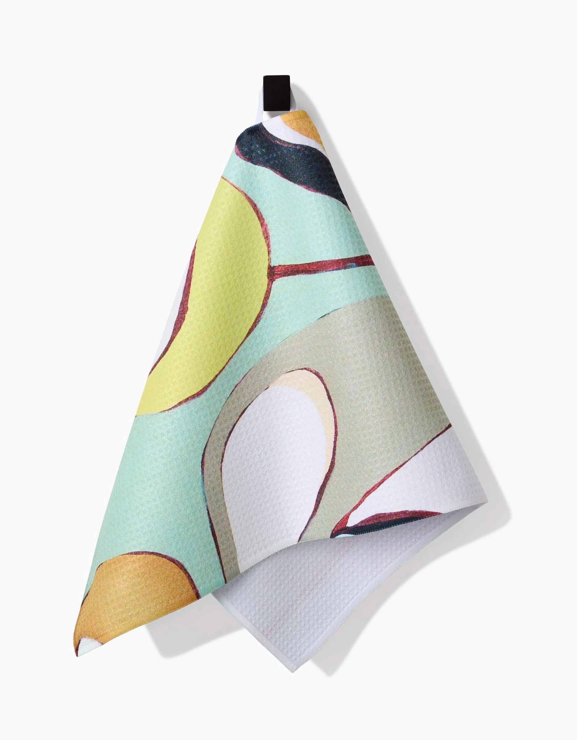 The Poppies on Mint bar towel by Rachel Austin features an abstract pattern in yellow, green, white, and red, hangs from a black loop, and is crafted from durable Geoweave fabric.
