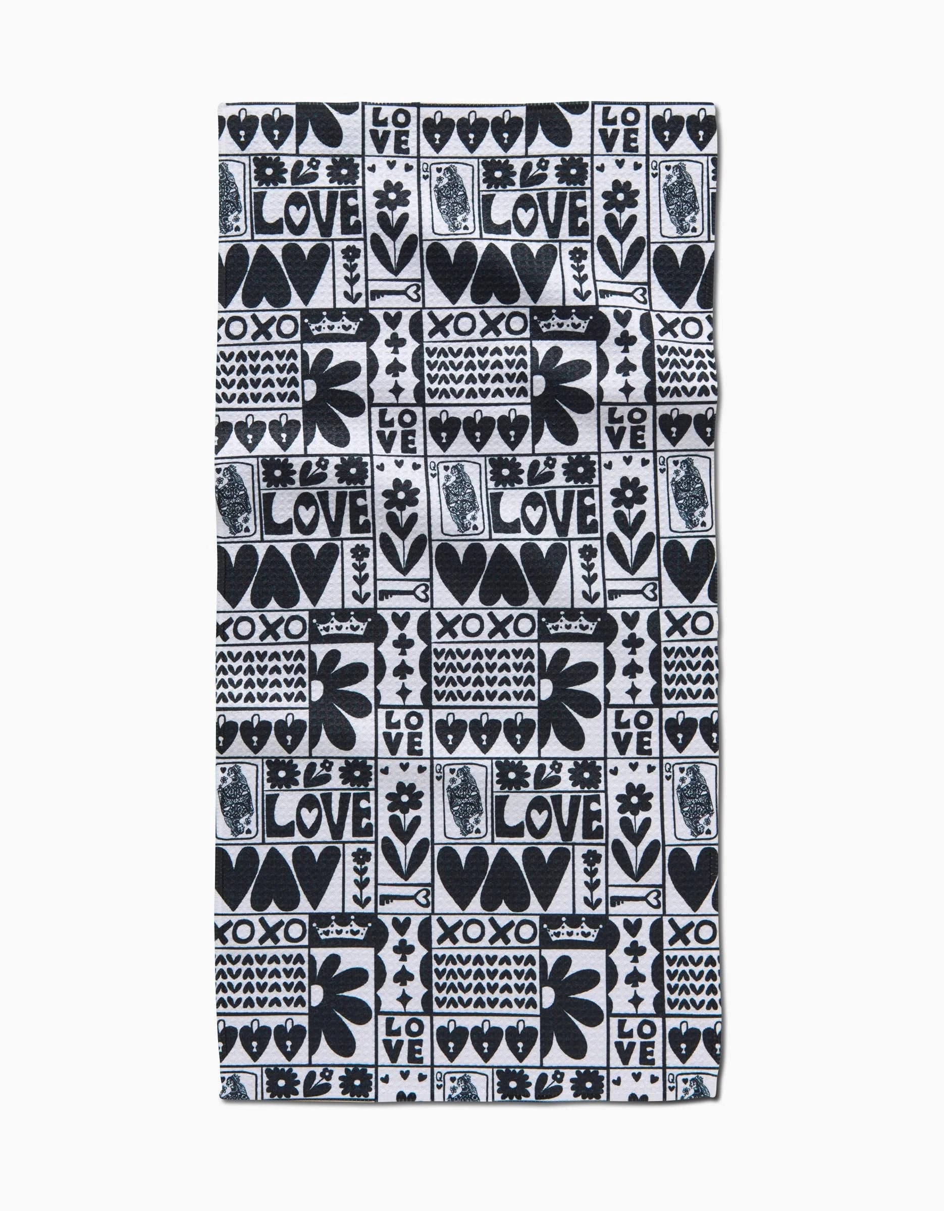 The Queen of Hearts bar towel by Kayla Ann features a black and white heart, flower, and LOVE/XOXO pattern in hand-drawn style, crafted from recycled materials.