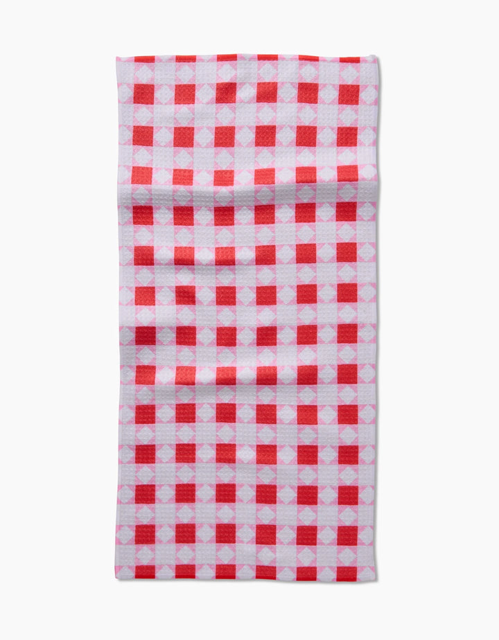 The Quilt Block Pink Andred by Brittany Jepsen features a red and white checkered pattern on Geoweave fabric, displayed flat against a white background.