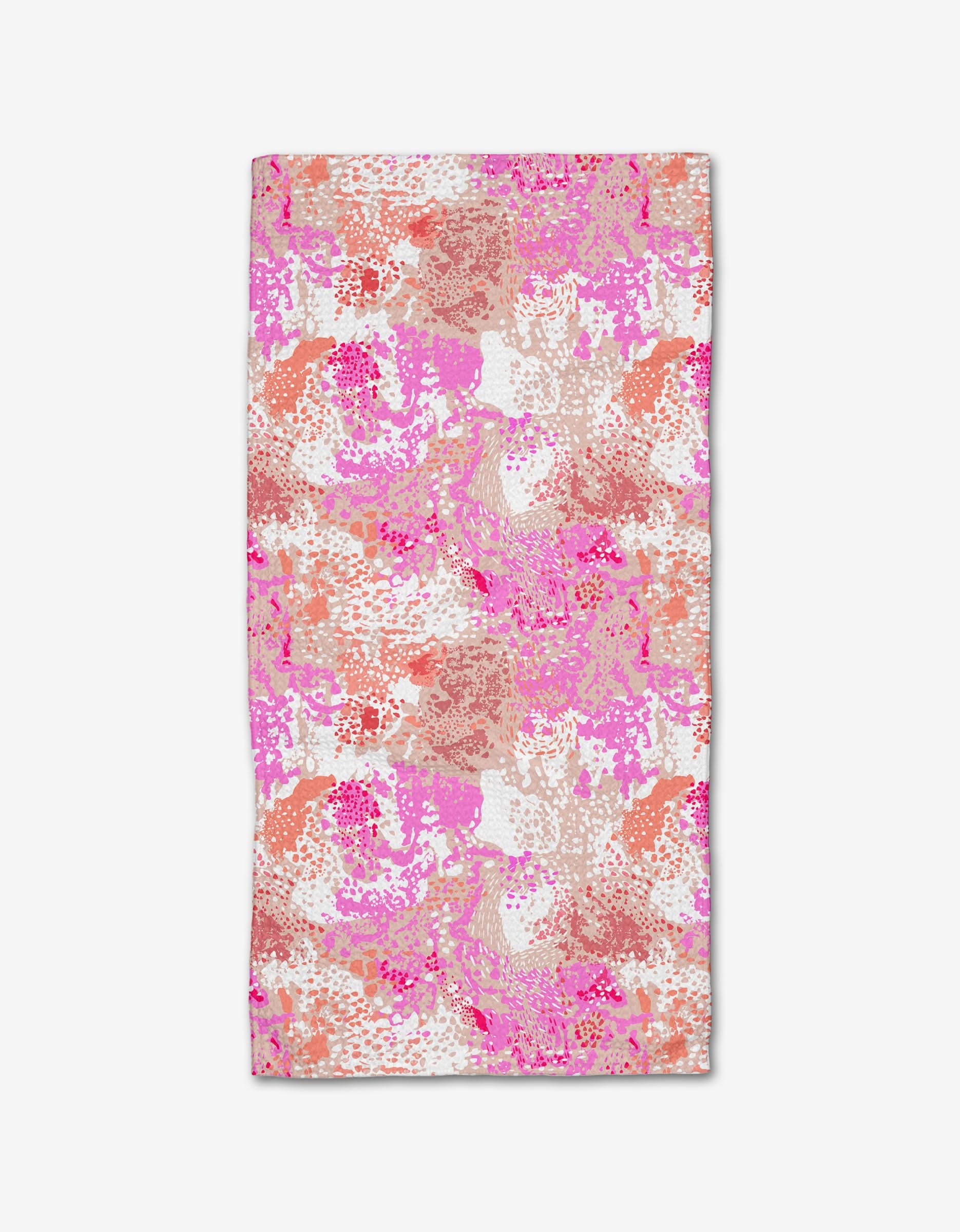 The Rawhide Bar Towel by Elisabeth Wing features an abstract, multicolored brushstroke pattern in pink, coral, orange, and white on Geoweave fabric.