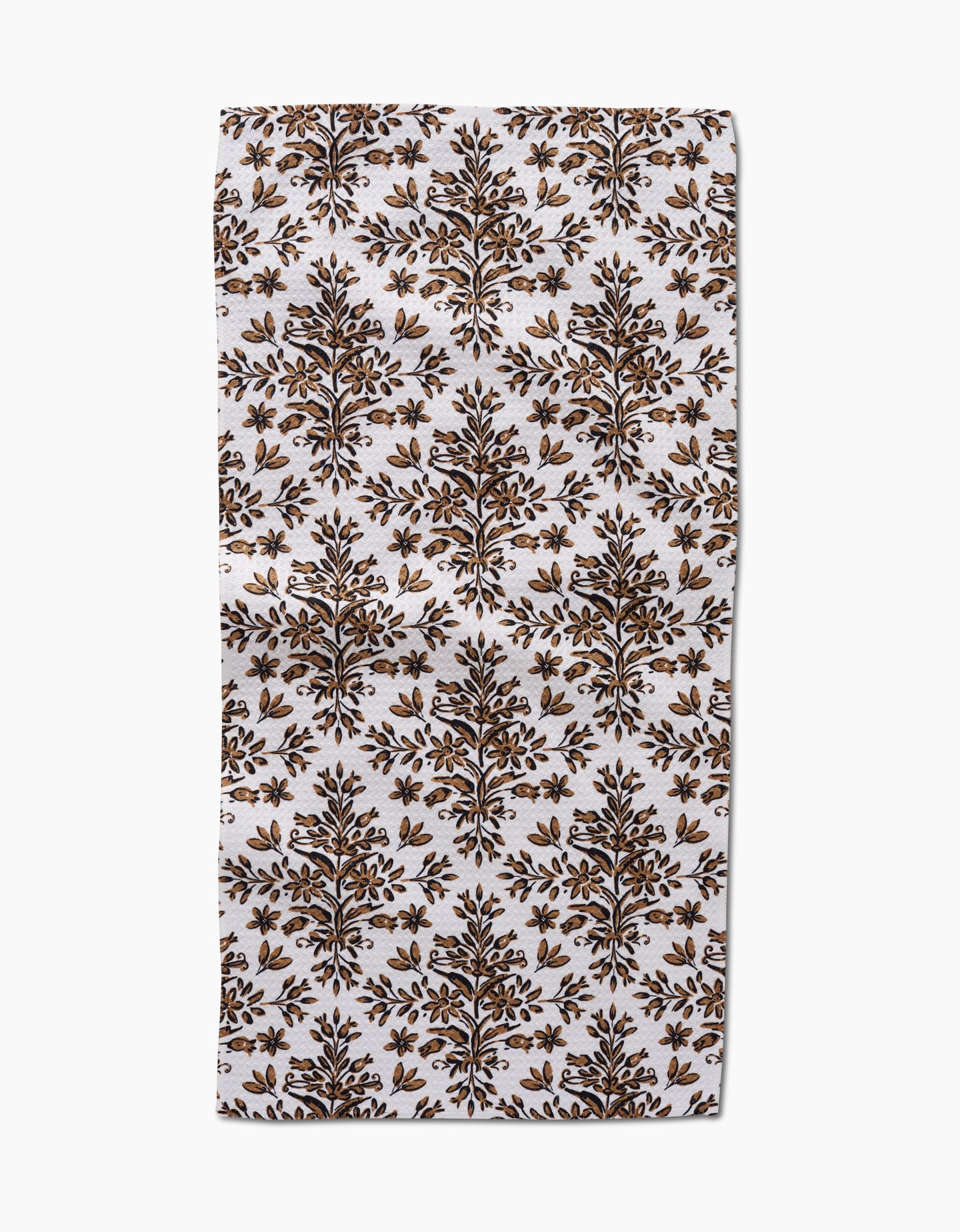 The Rustic Lacy Tile Natural by Hufton Studio is a rectangular white recycled kitchen towel with a repeating brown and gold botanical pattern of symmetrical tree motifs arranged in rows.
