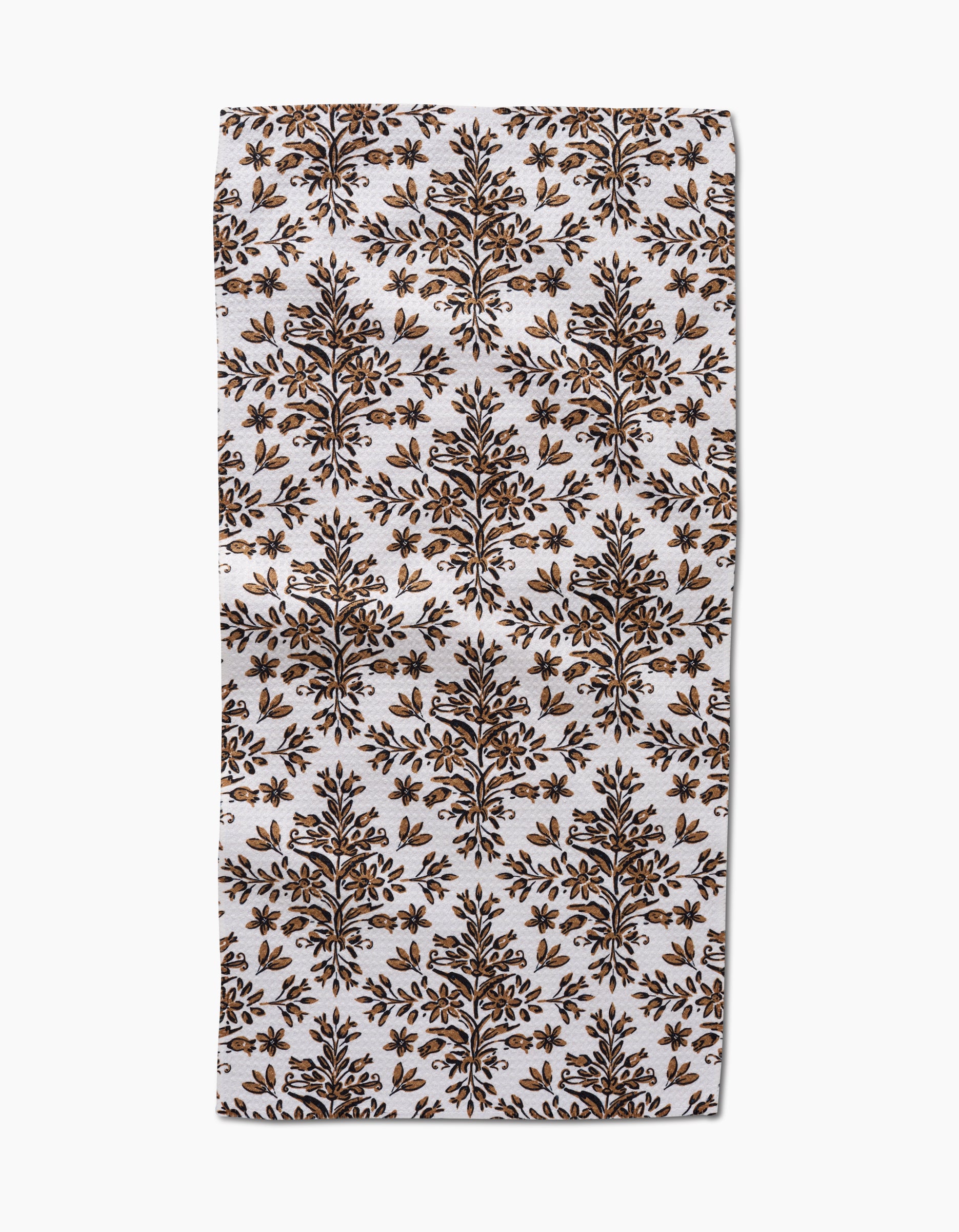 The Rustic Lacy Tile Natural by Hufton Studio is a rectangular white recycled kitchen towel with a repeating brown and gold botanical pattern of symmetrical tree motifs arranged in rows.