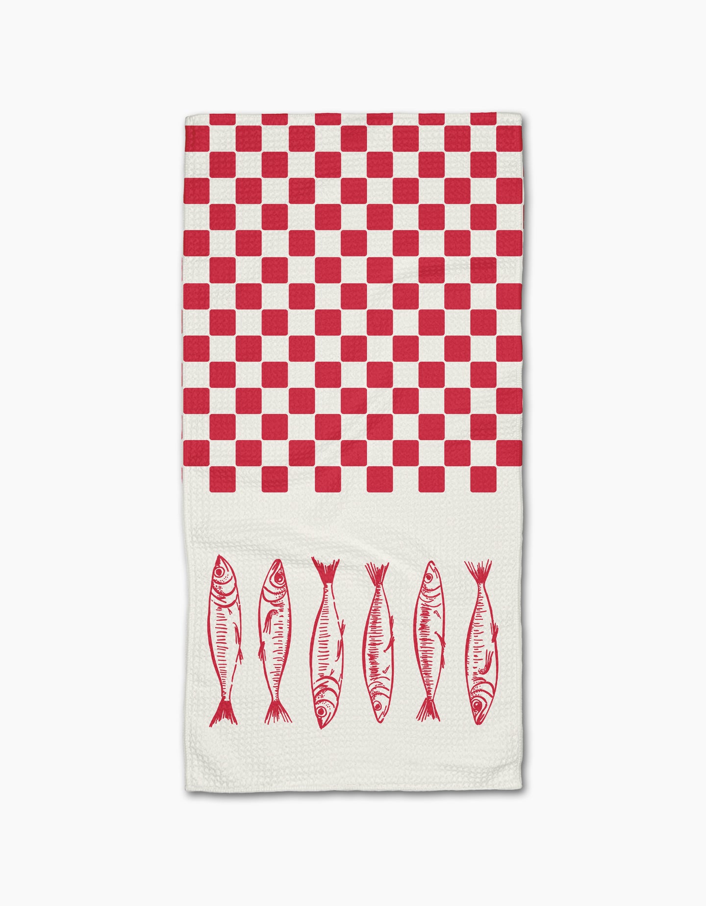 The Sardine Check by Hufton Studio is a white Geoweave bar towel with a red checkerboard on the top half and six red sardine fish lined up near the bottom.
