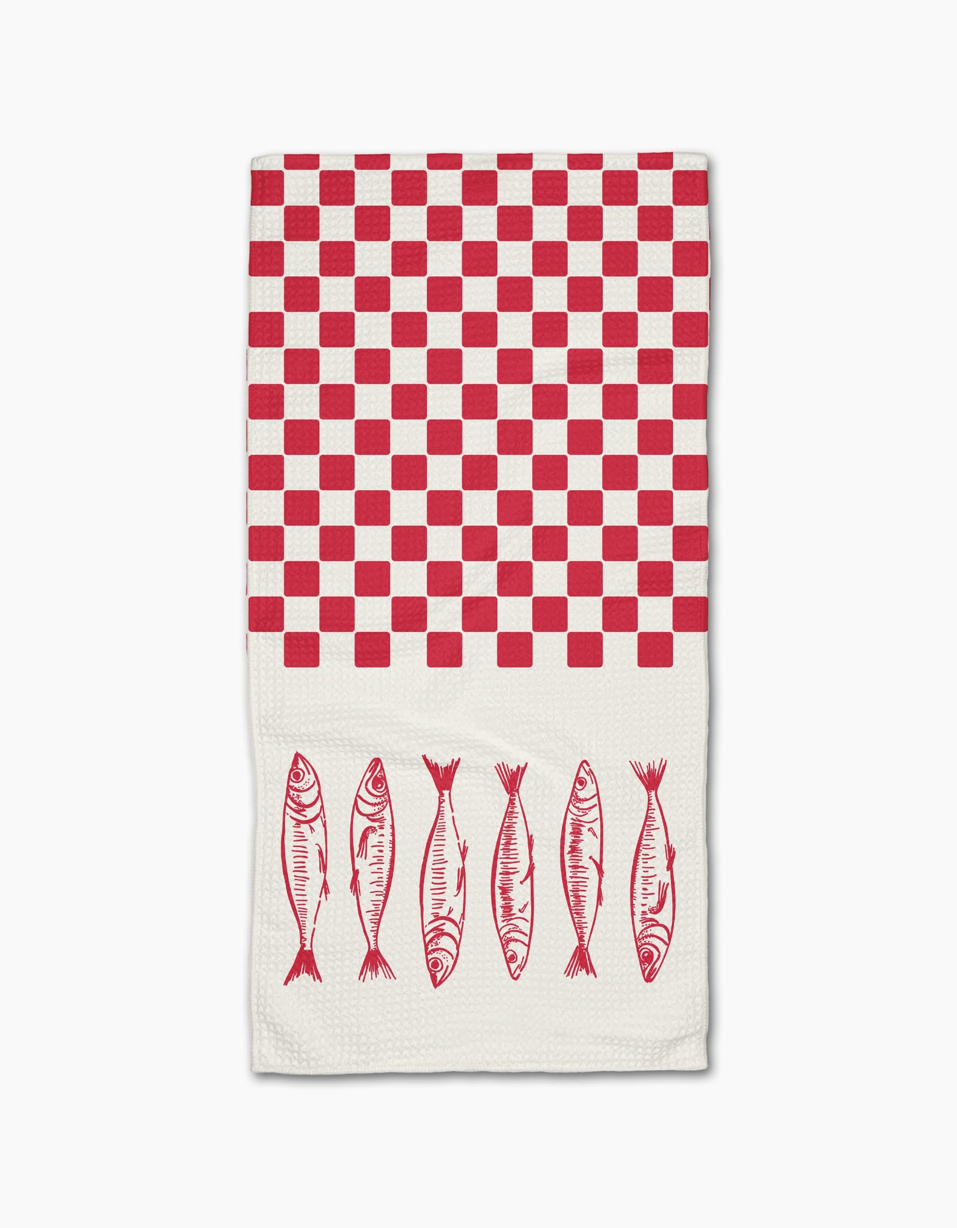 The Sardine Check by Hufton Studio is a white Geoweave bar towel with a red checkerboard on the top half and six red sardine fish lined up near the bottom.