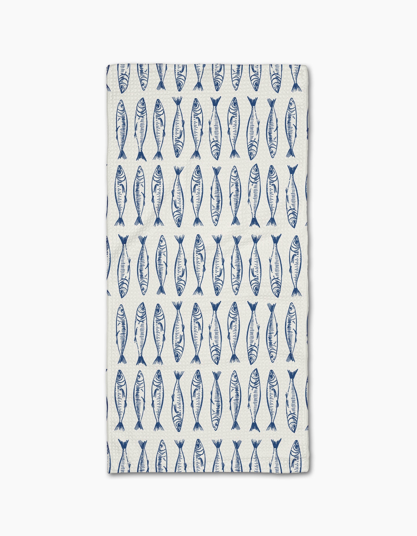 The Sardine Stripes Blue Bar Towel by Hufton Studio is white and rectangular, featuring neat rows of blue fish and crafted from durable Geoweave fabric.