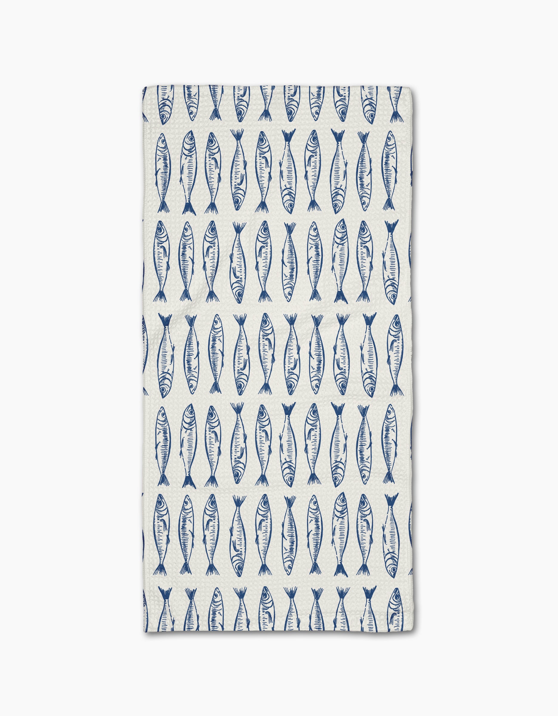 The Sardine Stripes Blue Bar Towel by Hufton Studio is white and rectangular, featuring neat rows of blue fish and crafted from durable Geoweave fabric.