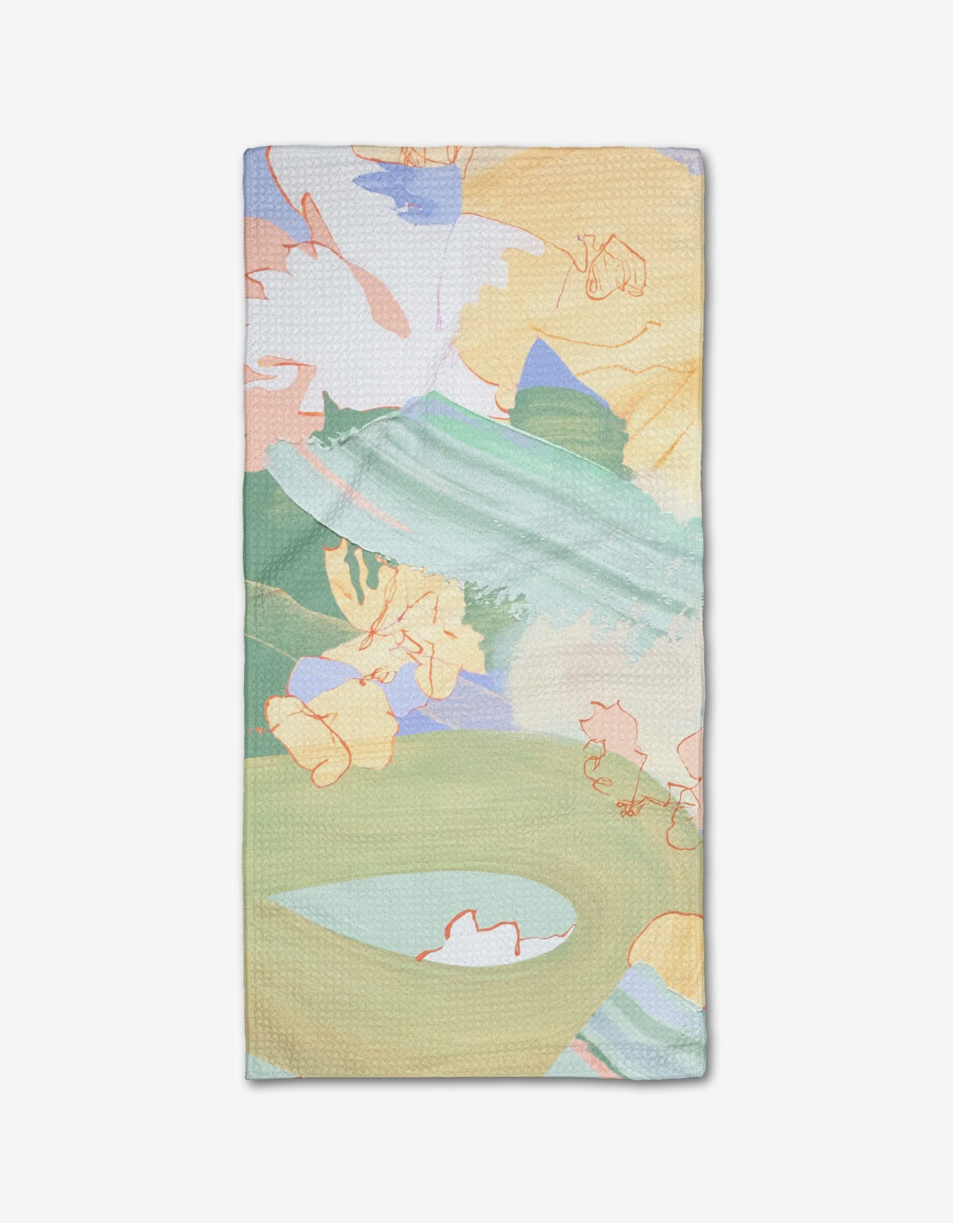 The Secret Fort Bar Towel by Kristina Baker features an abstract pastel design with soft green, yellow, peach, and blue brushstrokes on white Geoweave fabric. Ultra-absorbent and stylish for any space.