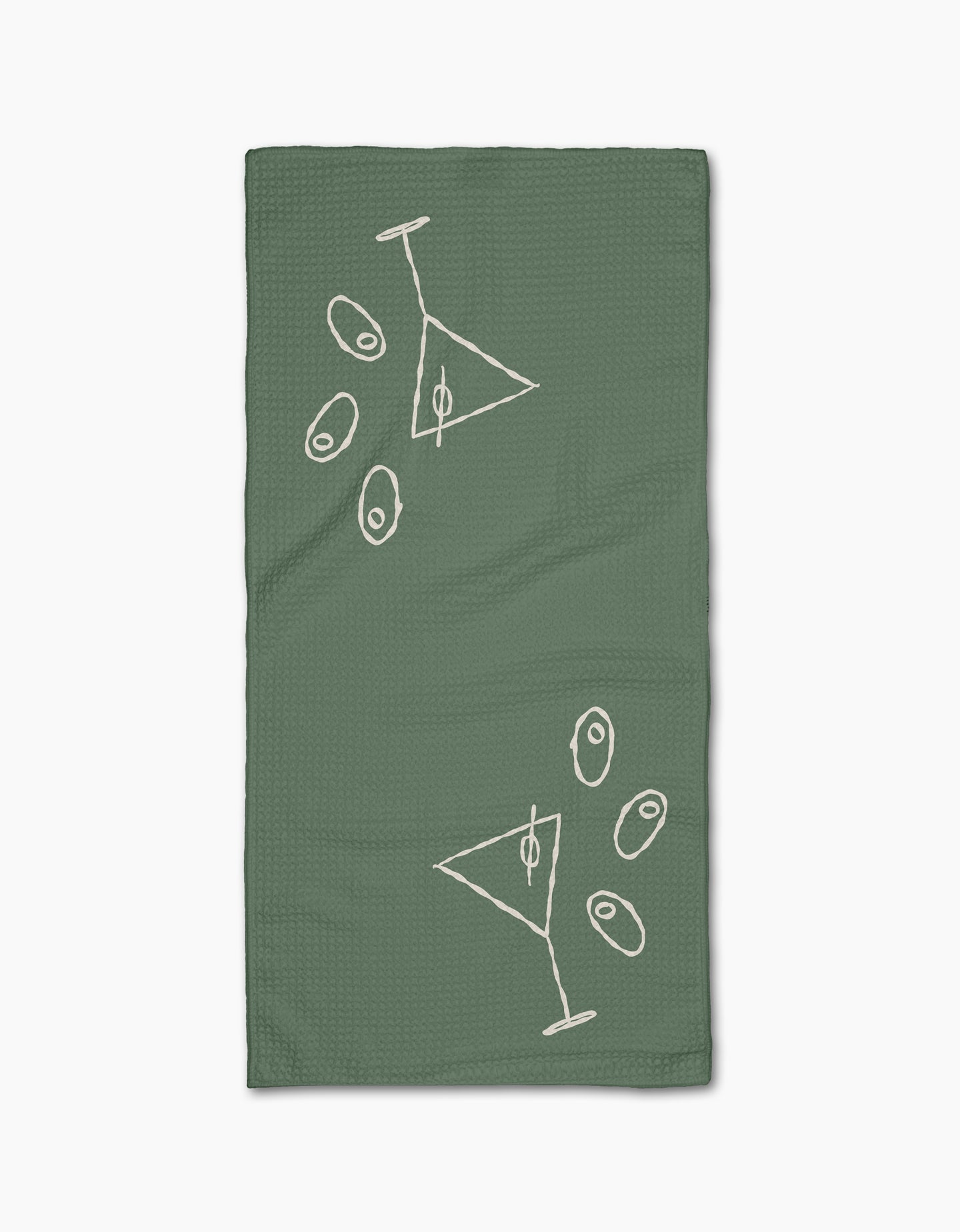 The Shaken Not Stirred bar towel by Rosa Kichline is green, rectangular, and features two white outlined martini glasses with scattered olives in a minimalist style. Made from ultra-absorbent recycled materials for eco-friendly use.