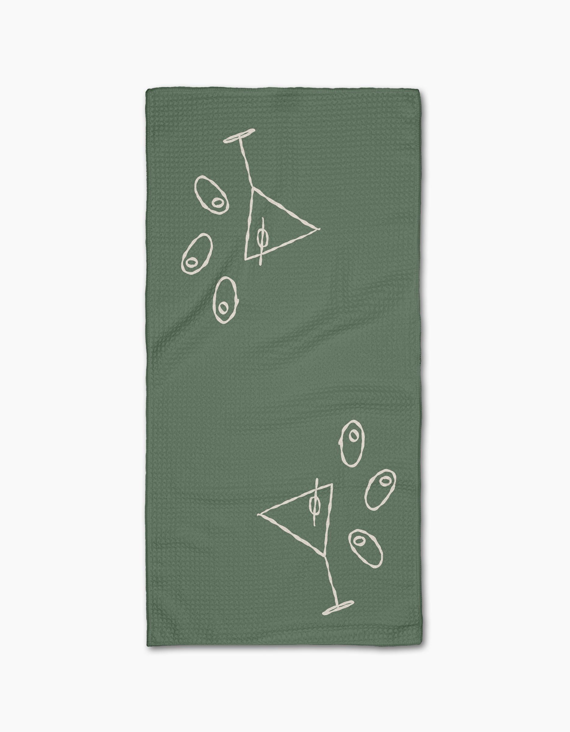 The Shaken Not Stirred bar towel by Rosa Kichline is green, rectangular, and features two white outlined martini glasses with scattered olives in a minimalist style. Made from ultra-absorbent recycled materials for eco-friendly use.