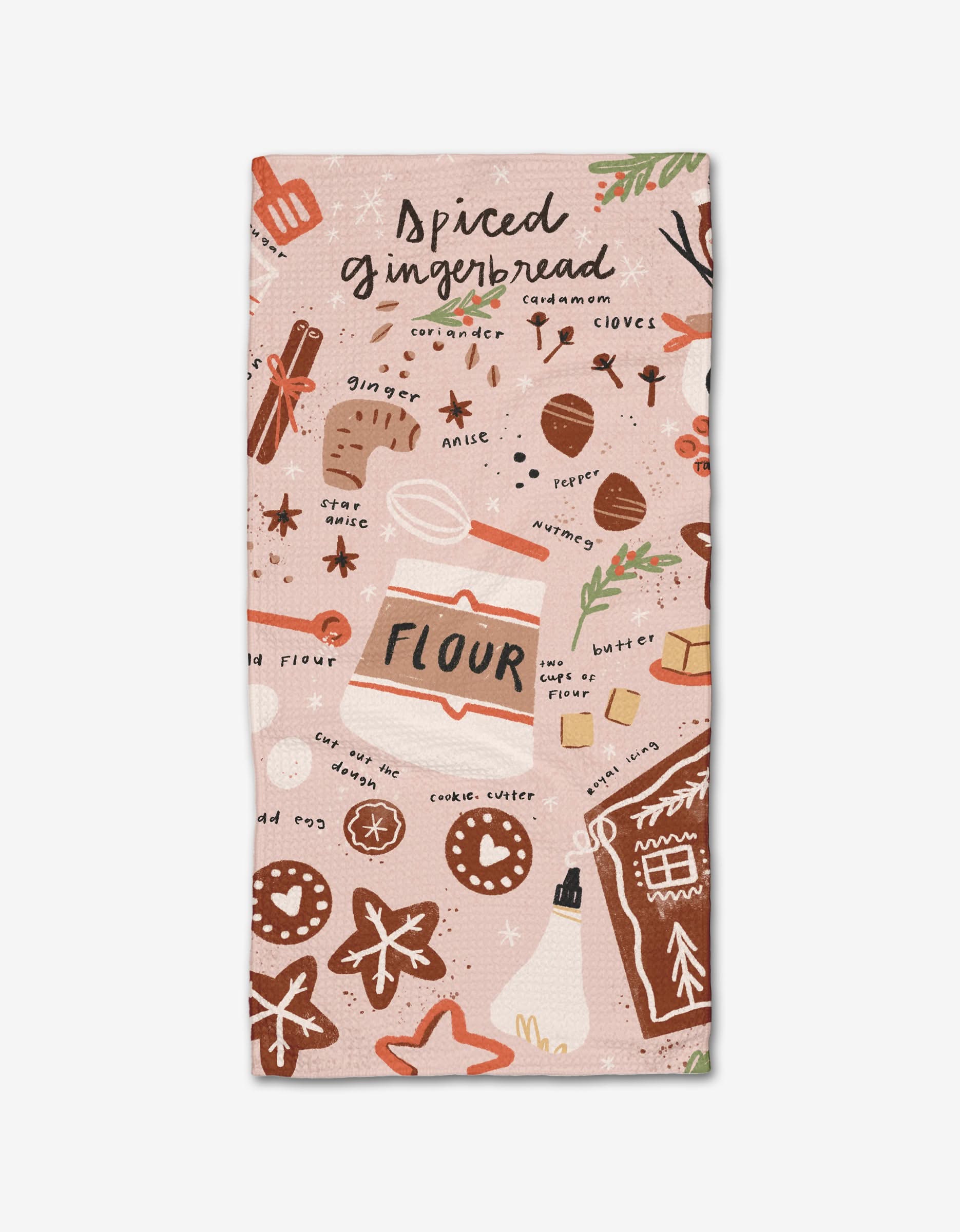 The Spiced Gingerbread Bar Towel by Janna Sue Design features Geoweave™ fabric with illustrated gingerbread ingredients, cookies, flour, spices, and baking tools in warm brown, tan, and pink tones with handwritten text.