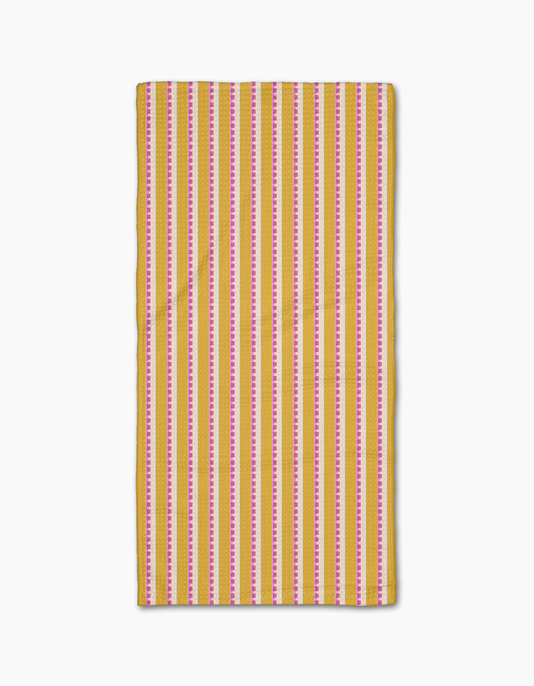 The Geometry Stripe Mania napkin, made from Geoweave fabric, features vertical yellow, pink, and white stripes and is displayed flat on a white background.