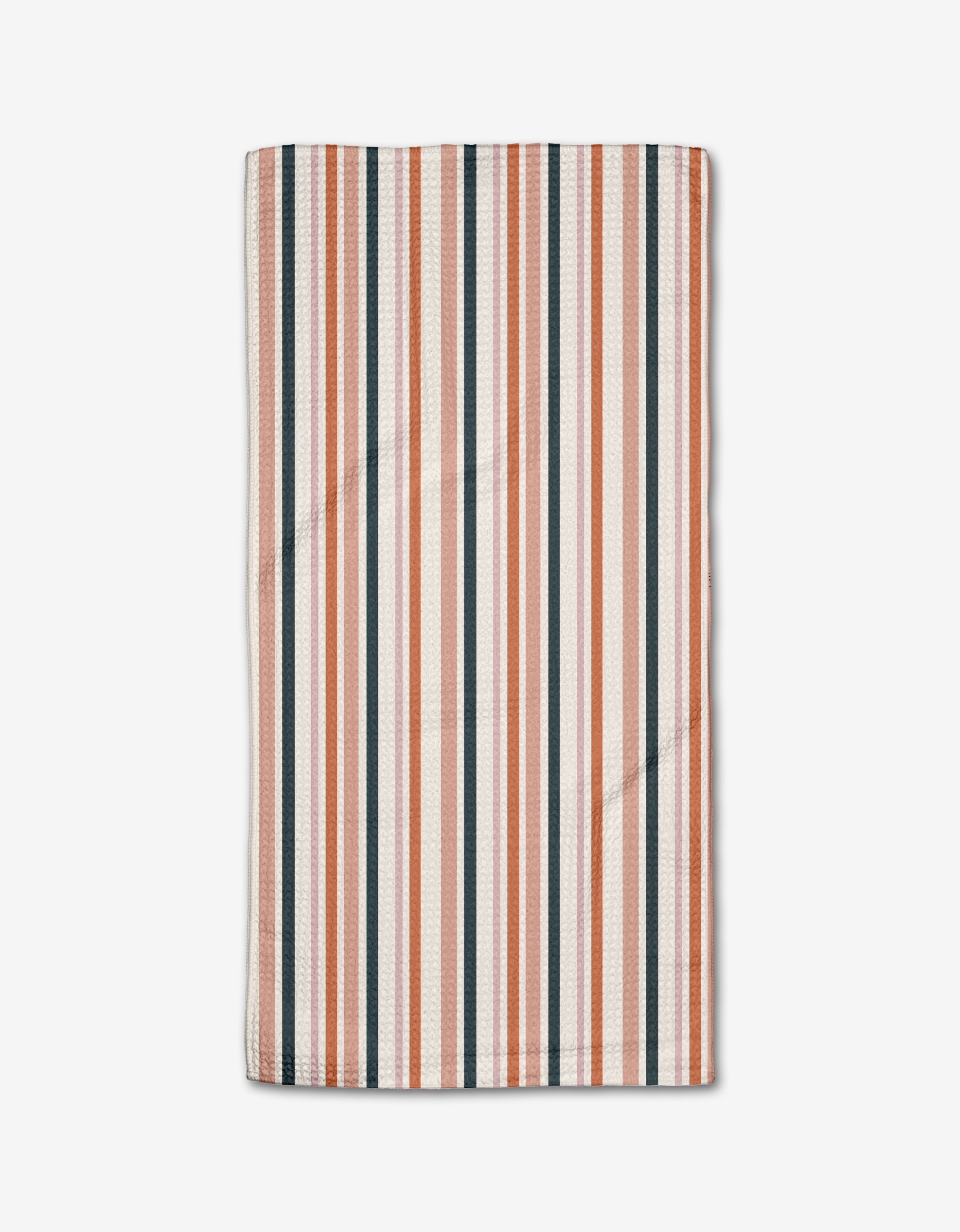 The Stripes For Days bar towel by Charlie Rowan Designs features vertical rust, gray, and white stripes on Geoweave fabric, shown flat on a white background.