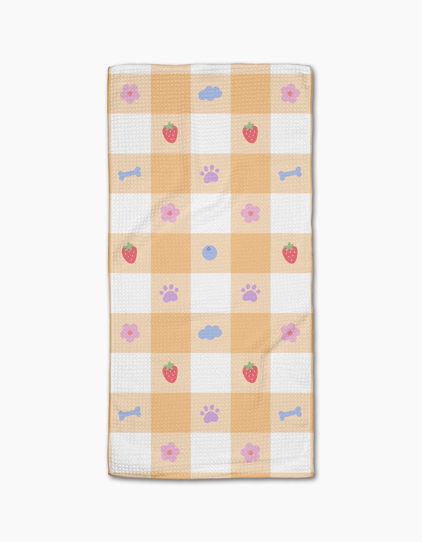 Summer Picnic Dreams by Letters By Shells is a rectangular bar towel with a yellow and white checkerboard pattern featuring strawberries, blue bones, purple paw prints, and blue clouds. Ultra-absorbent and eco-friendly, its made from recycled materials.