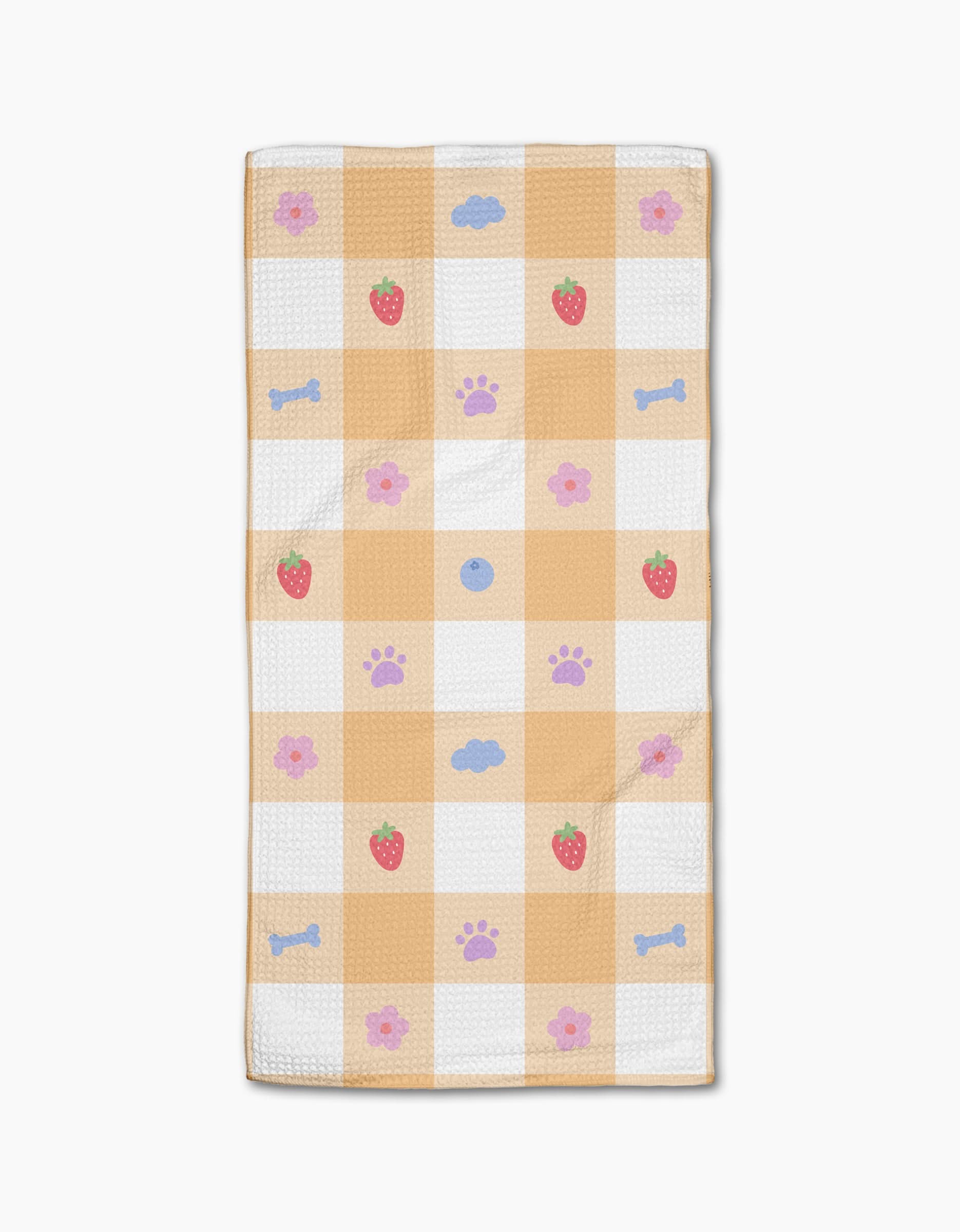 Summer Picnic Dreams by Letters By Shells is a rectangular bar towel with a yellow and white checkerboard pattern featuring strawberries, blue bones, purple paw prints, and blue clouds. Ultra-absorbent and eco-friendly, its made from recycled materials.